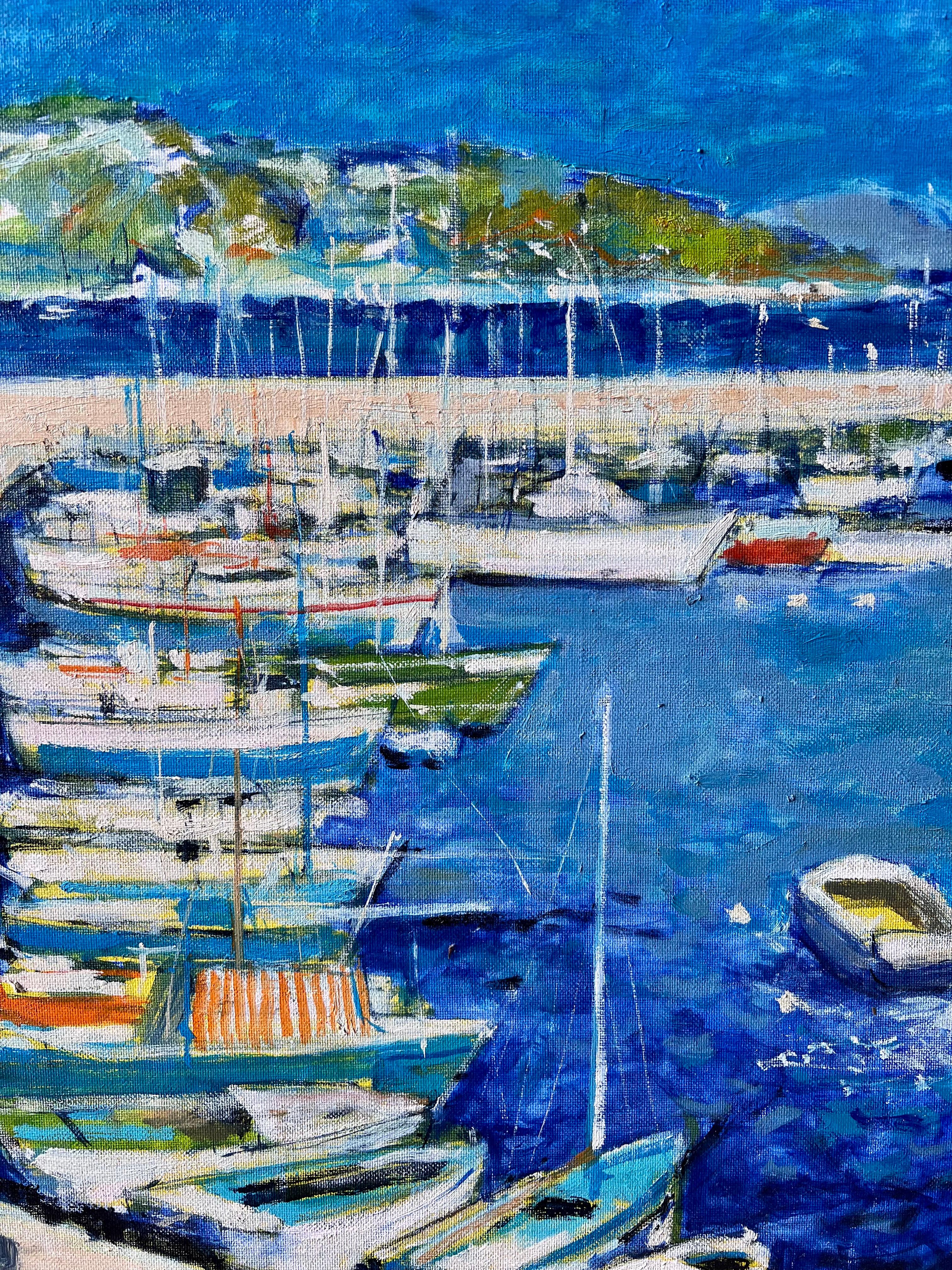 Leuchtend blaues Mittelmeer Südfrankreich Hafen Hafen Post Impressionist Öl (Post-Impressionismus), Painting, von Pierre Neveu