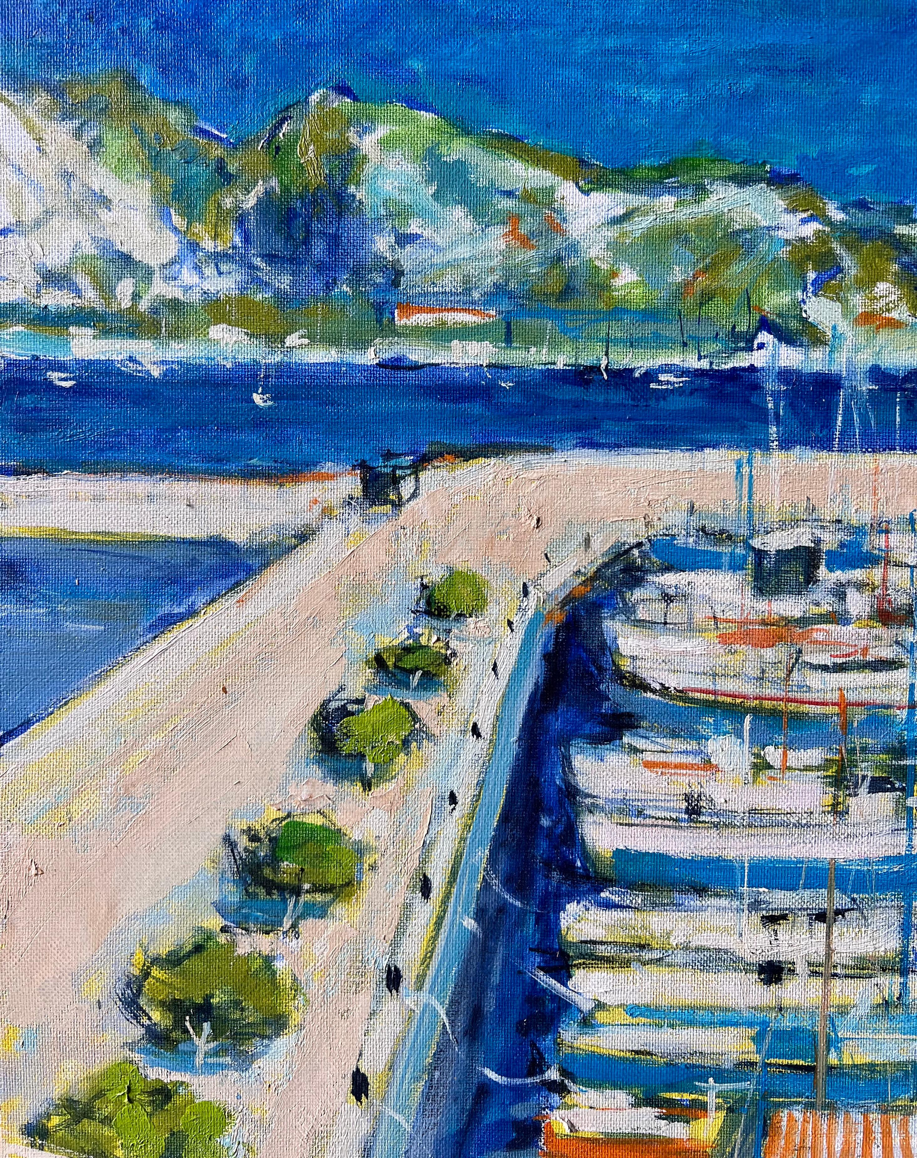 Leuchtend blaues Mittelmeer Südfrankreich Hafen Hafen Post Impressionist Öl (Blau), Landscape Painting, von Pierre Neveu