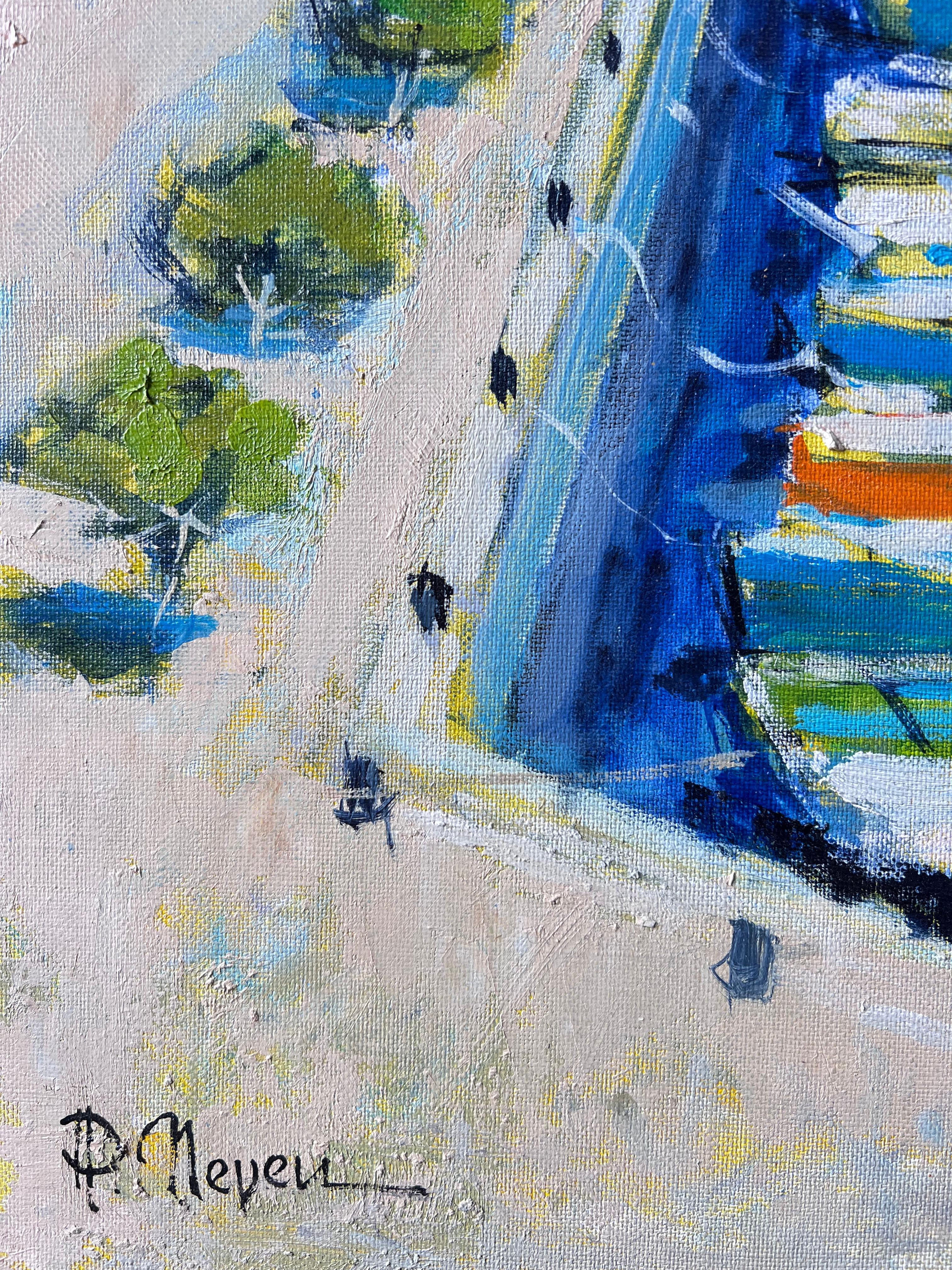 Leuchtend blaues Mittelmeer Südfrankreich Hafen Hafen Post Impressionist Öl im Angebot 1