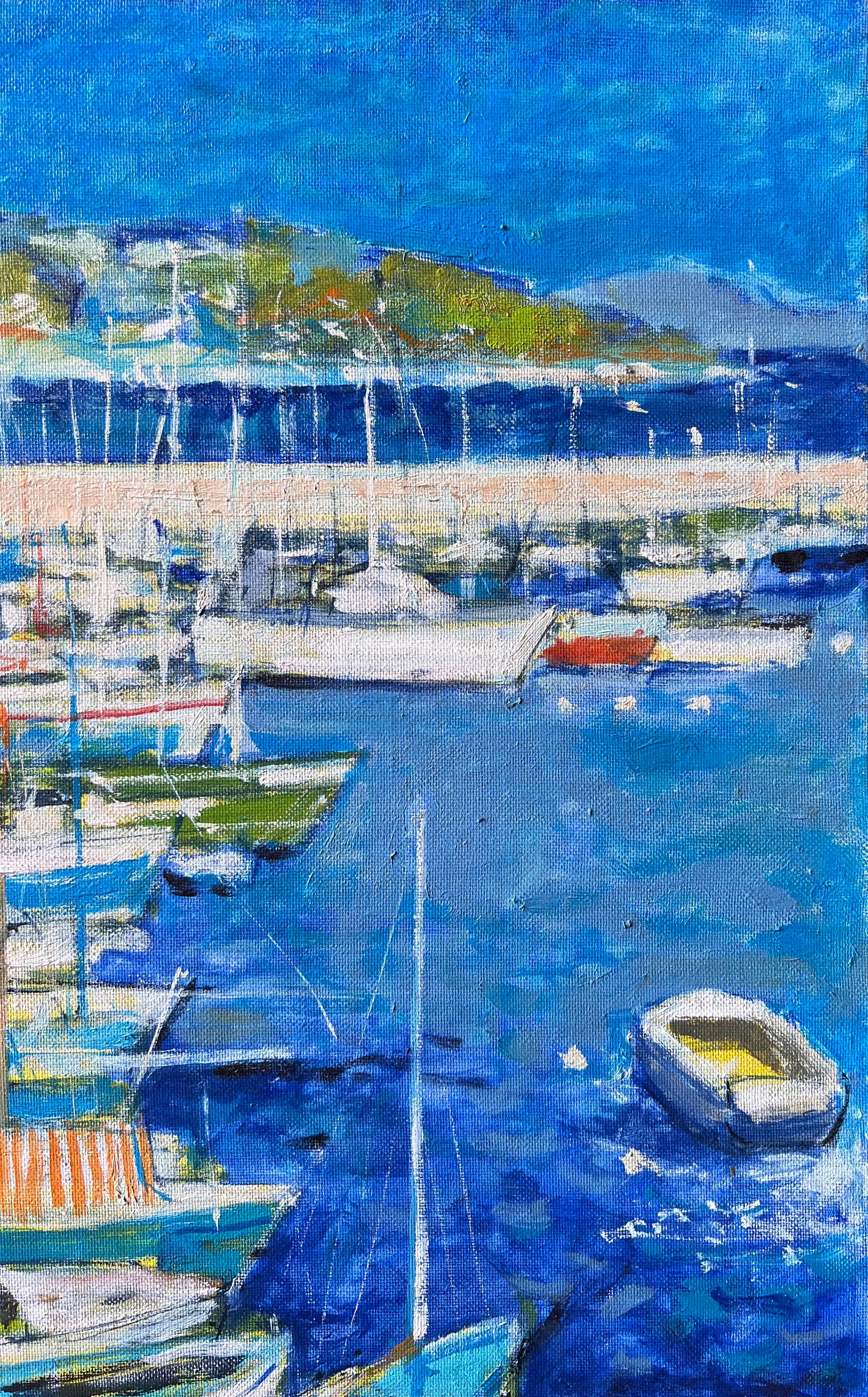 Leuchtend blaues Mittelmeer Südfrankreich Hafen Hafen Post Impressionist Öl im Angebot 2