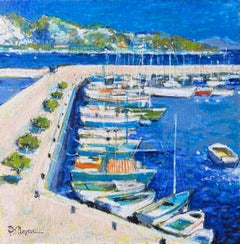 Bright Blue Mediterranean South of France Port Harbor Post Impressionist Oil