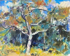 Bright Tree In Sunlit Meadow With Colorful Leaves And Forest French Oil Painting