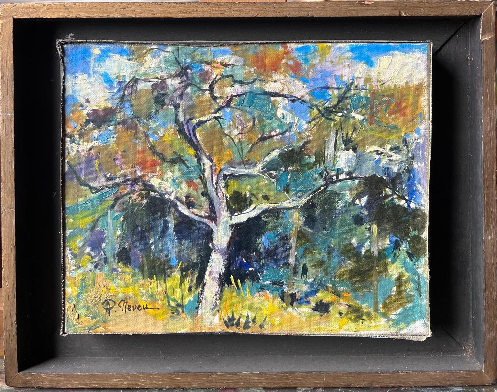 Heller Baum in sonnenbeschienener Wiese mit bunten Blättern und Wald Französisch Ölgemälde