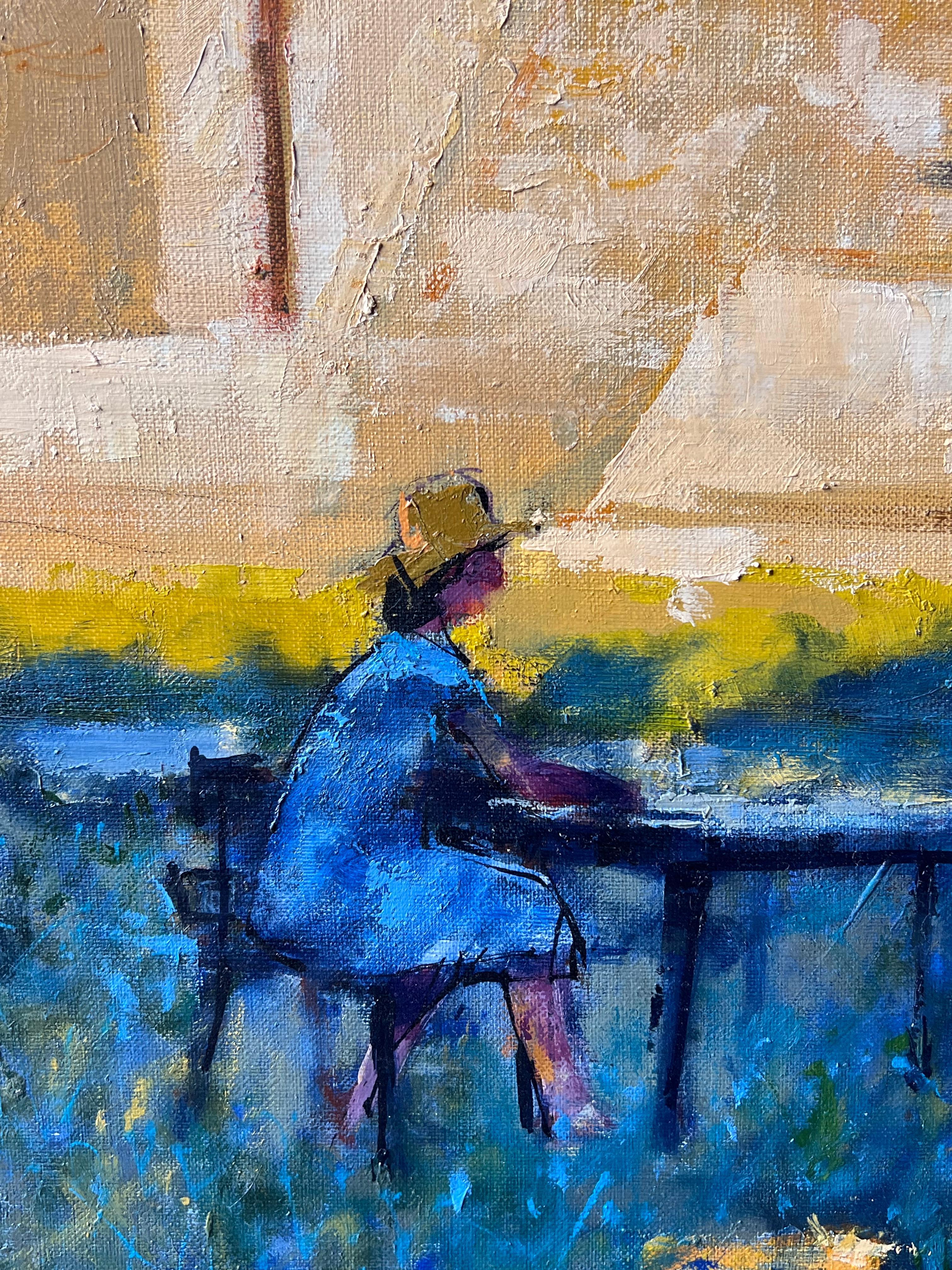 Chateau De Suscinio Sonnenbeschienenes Schloss mit Künstlern unter Bäumen Ein französisches Ölgemälde (Post-Impressionismus), Painting, von Pierre Neveu