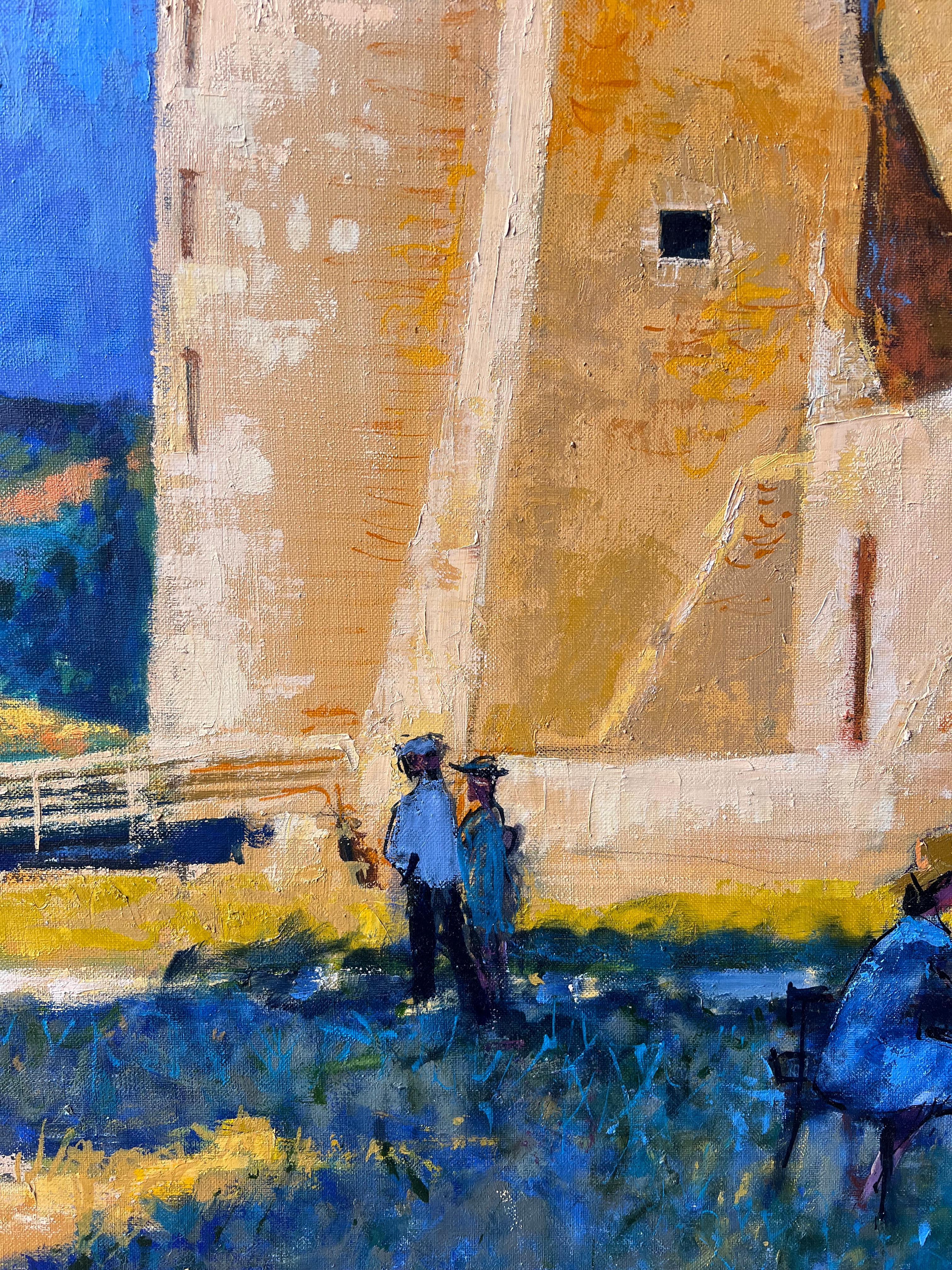 Chateau De Suscinio Sonnenbeschienenes Schloss mit Künstlern unter Bäumen Ein französisches Ölgemälde (Blau), Landscape Painting, von Pierre Neveu