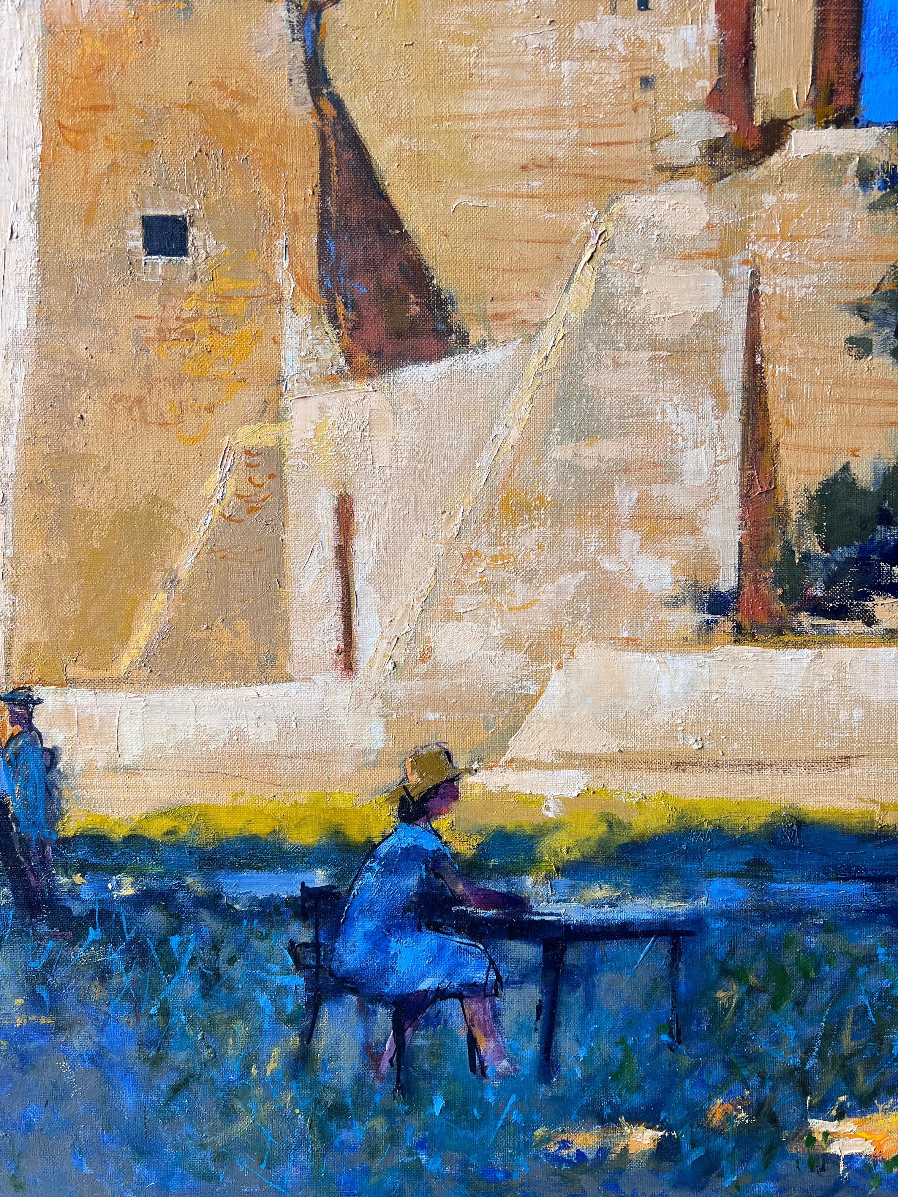 Chateau De Suscinio Sonnenbeschienenes Schloss mit Künstlern unter Bäumen Ein französisches Ölgemälde im Angebot 1