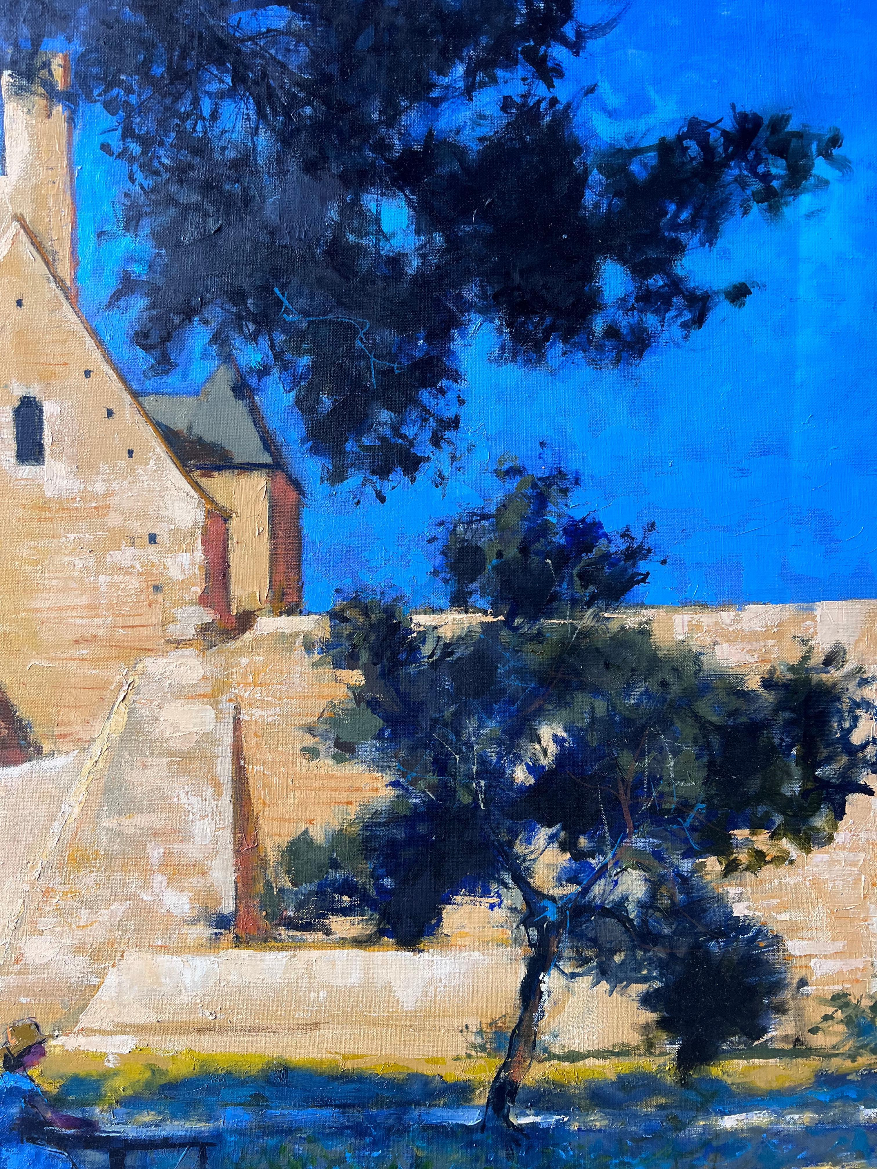 Chateau De Suscinio Sonnenbeschienenes Schloss mit Künstlern unter Bäumen Ein französisches Ölgemälde im Angebot 2