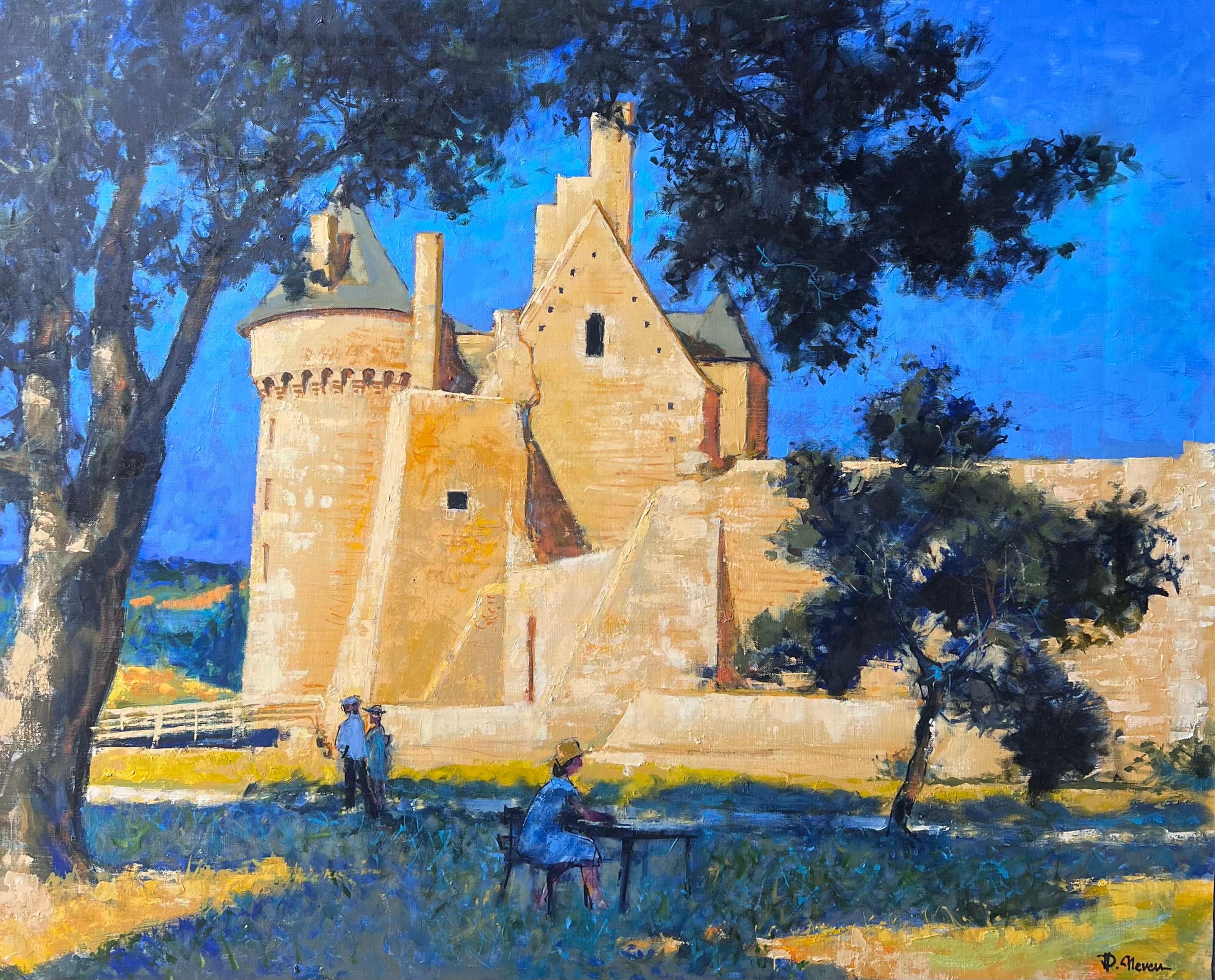 Chateau De Suscinio Sonnenbeschienenes Schloss mit Künstlern unter Bäumen Ein französisches Ölgemälde