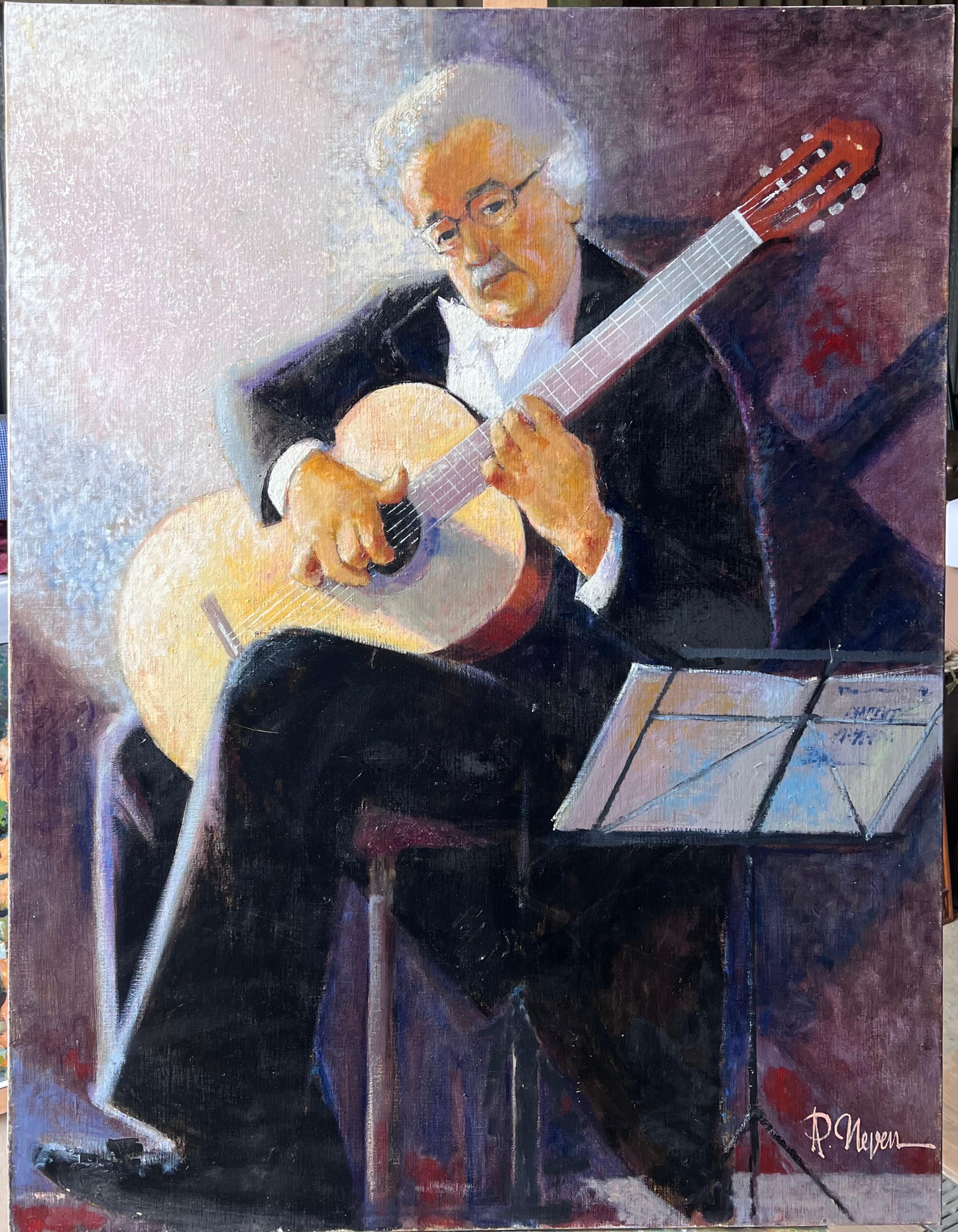Klassischer Gitarrist beim Notenlesen im Konzert Französisches Ölgemälde – Painting von Pierre Neveu