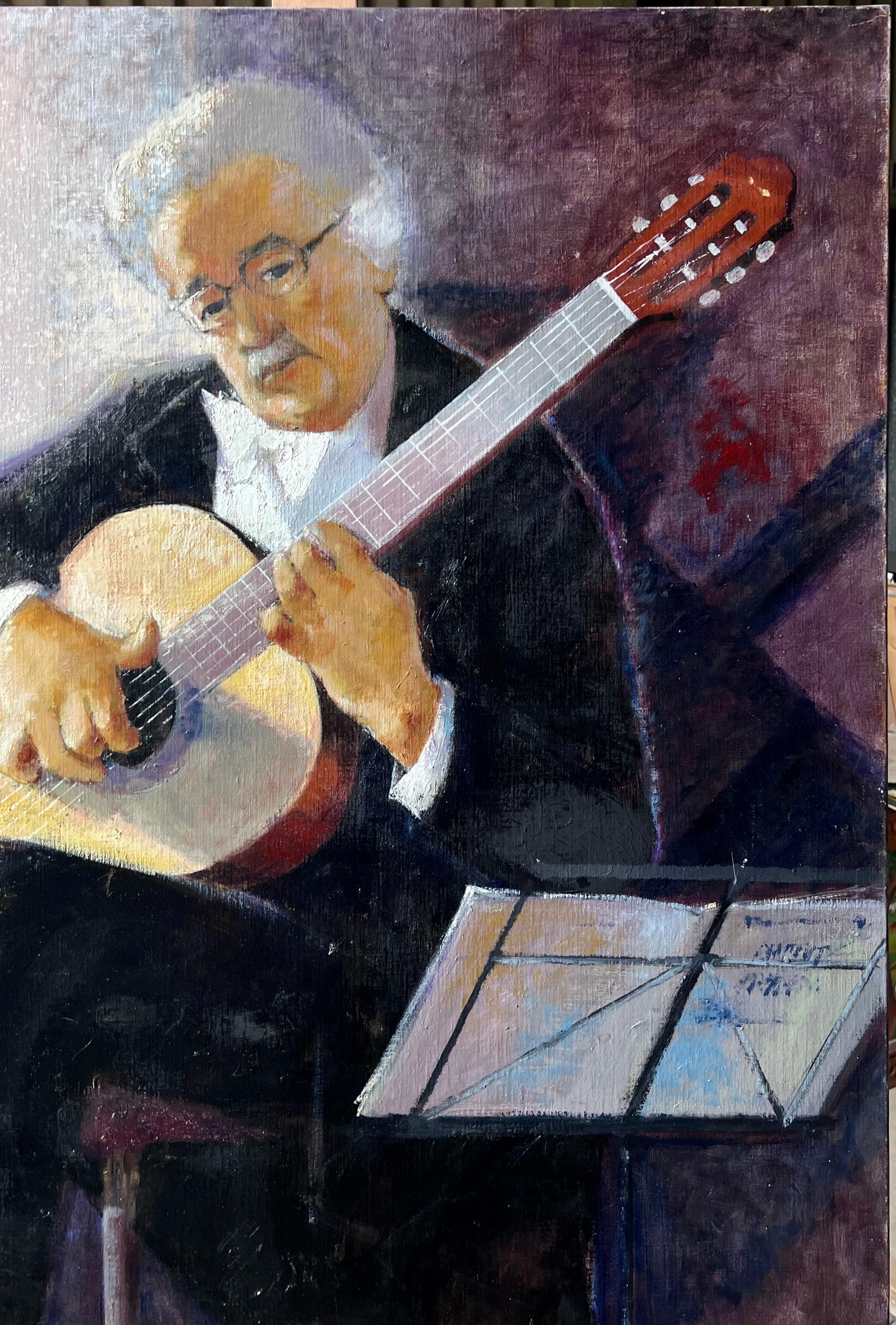 Klassischer Gitarrist beim Notenlesen im Konzert Französisches Ölgemälde (Post-Impressionismus), Painting, von Pierre Neveu