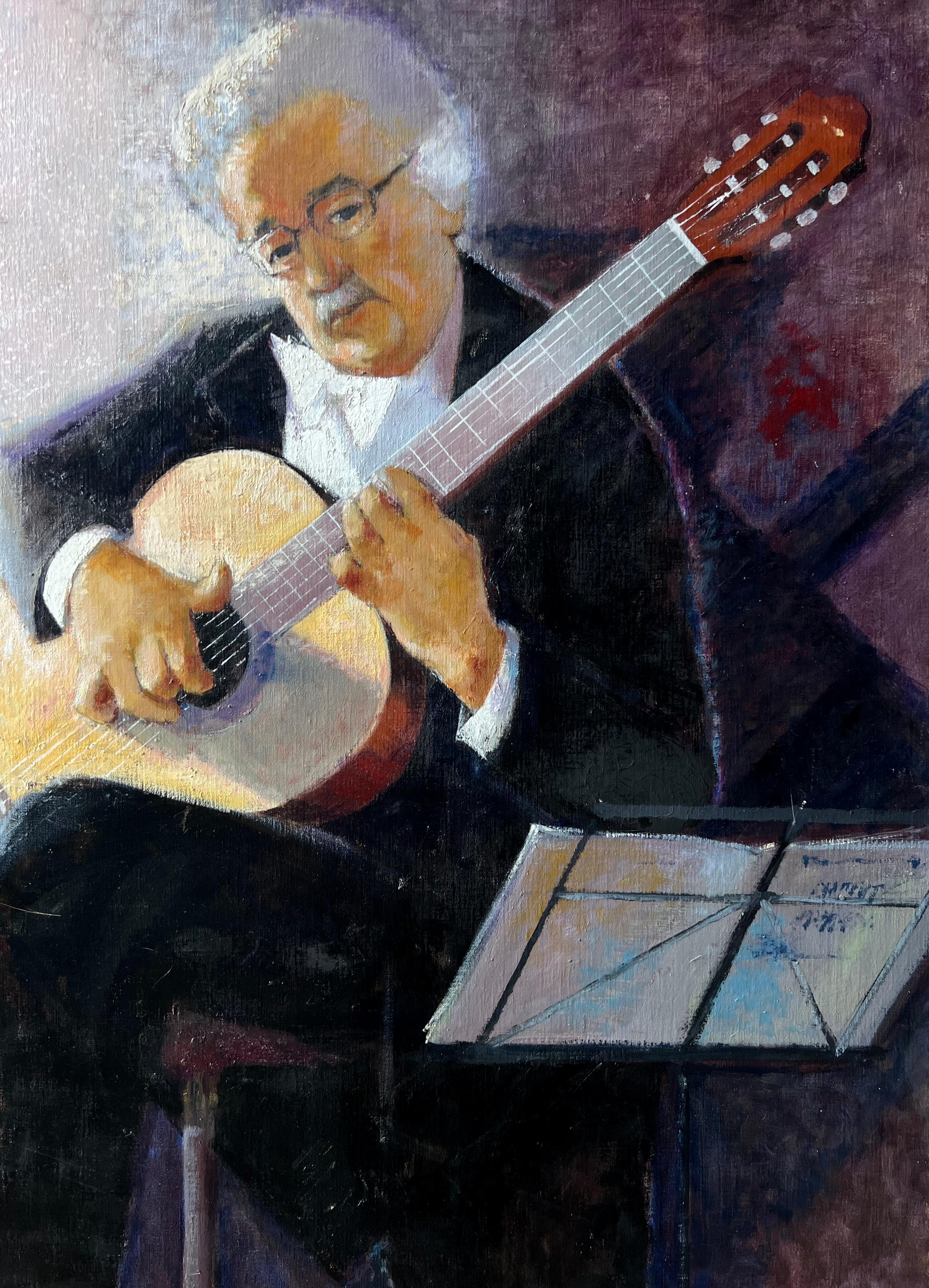 Klassischer Gitarrist beim Notenlesen im Konzert Französisches Ölgemälde (Schwarz), Portrait Painting, von Pierre Neveu