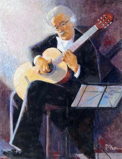 Chitarrista classico che legge le note in un concerto Pittura a olio francese