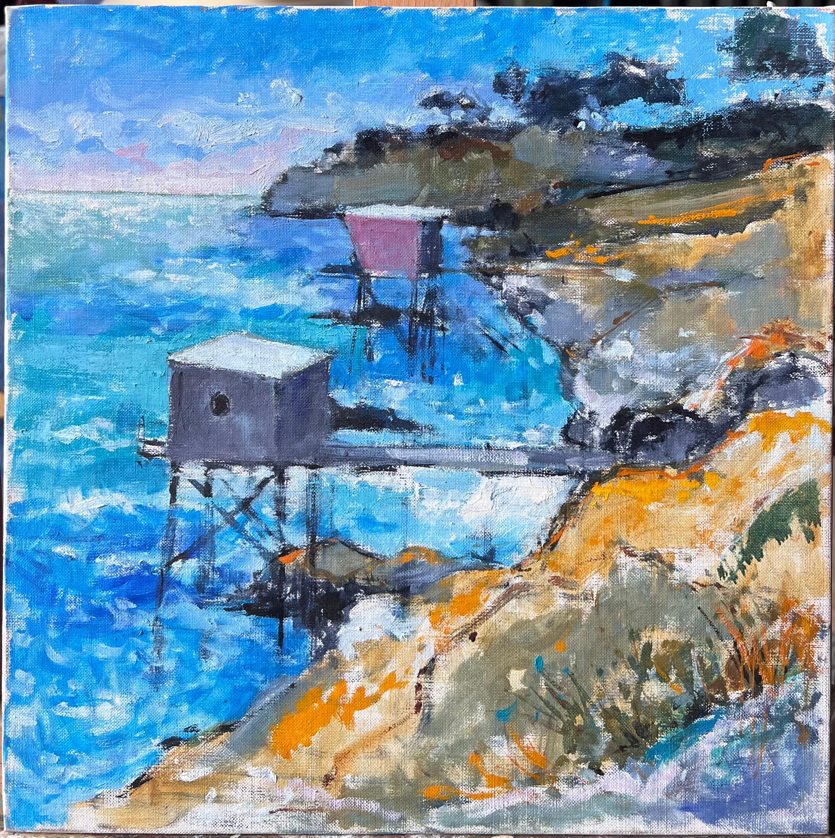 Peinture à l'huile des cabines de pêche surplombant l'Atlantique - Painting de Pierre Neveu