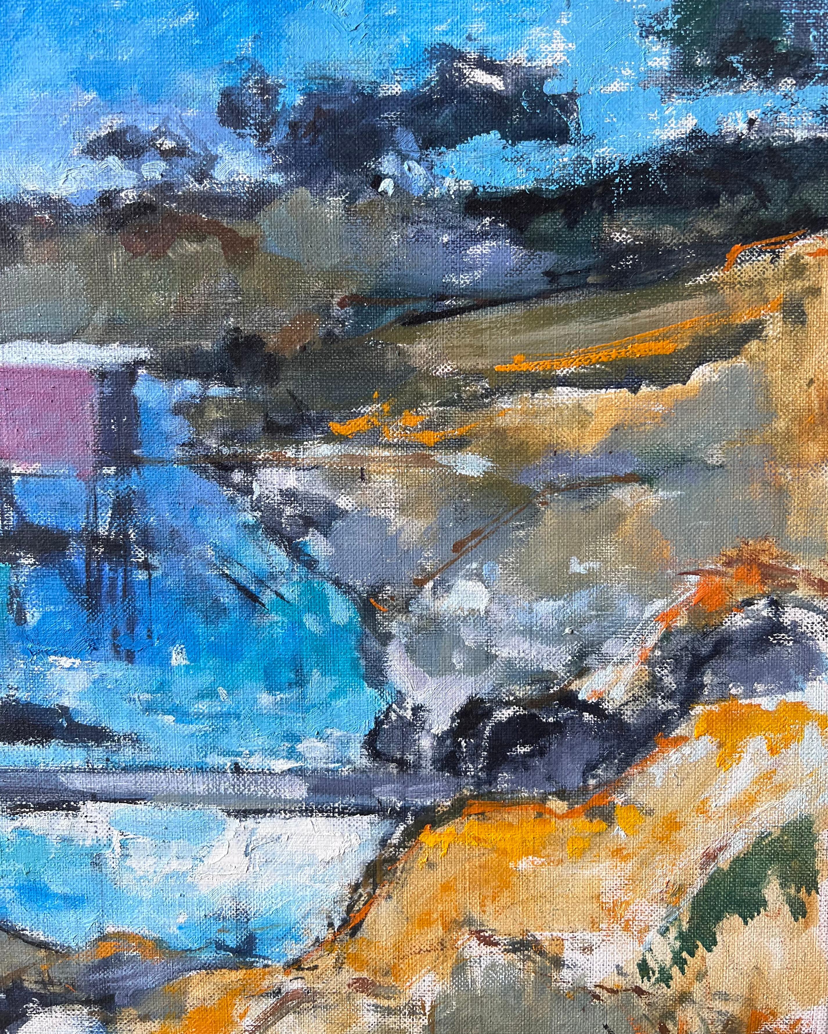 Peinture à l'huile des cabines de pêche surplombant l'Atlantique - Post-impressionnisme Painting par Pierre Neveu