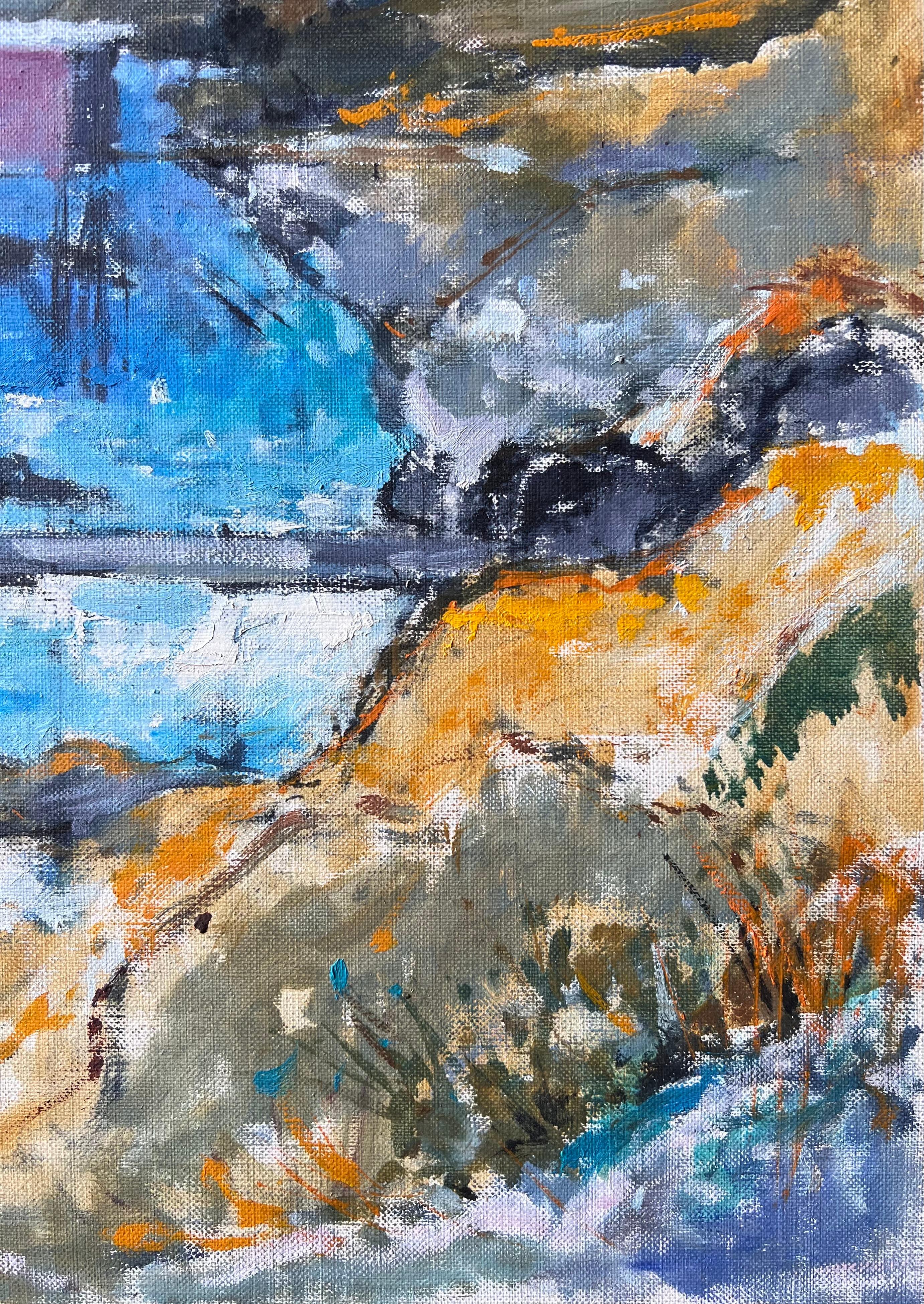 Peinture à l'huile des cabines de pêche surplombant l'Atlantique en vente 1