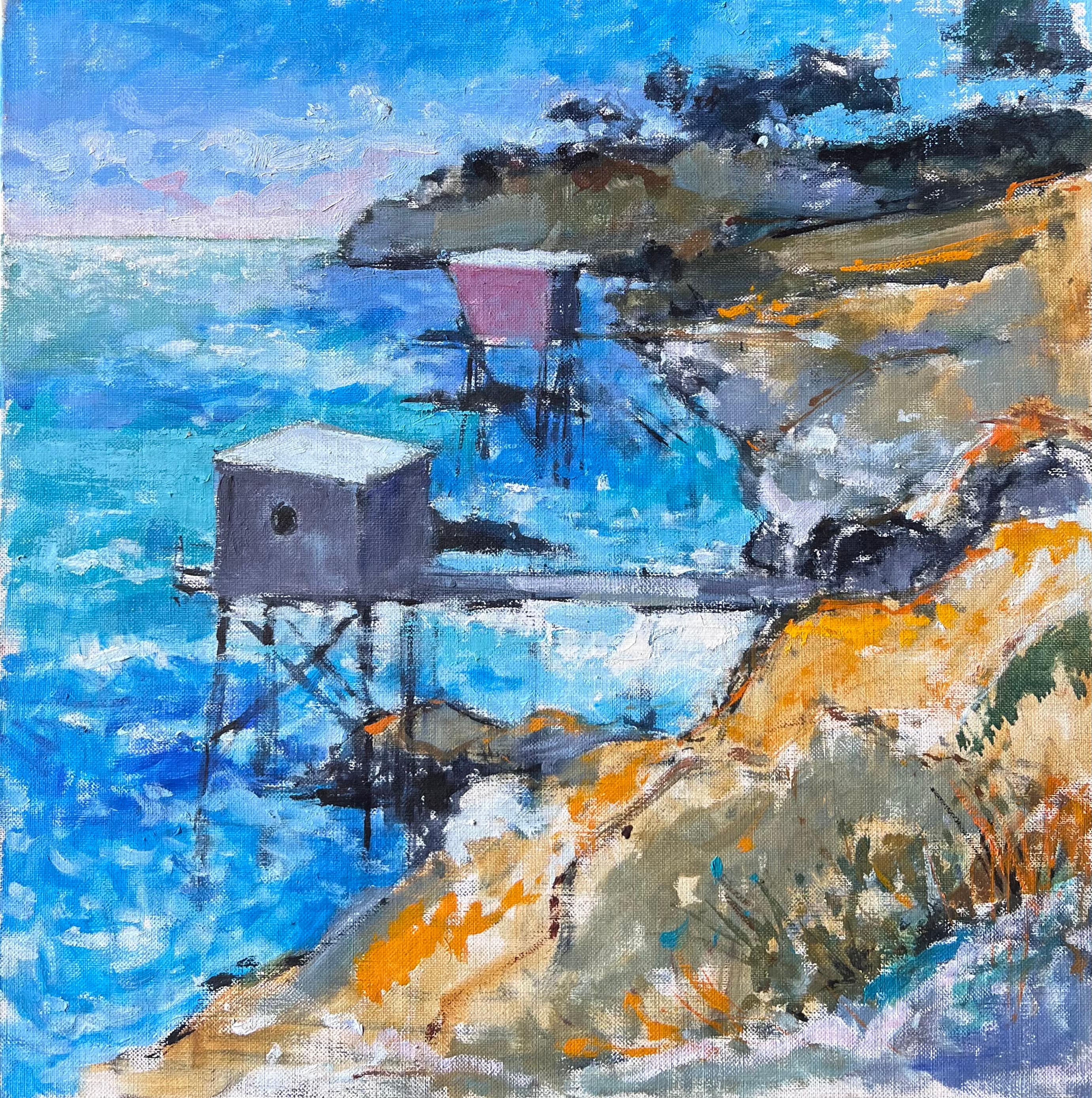 Clifftop Fischerhütten mit Blick auf den Atlantik Französisch Ölgemälde