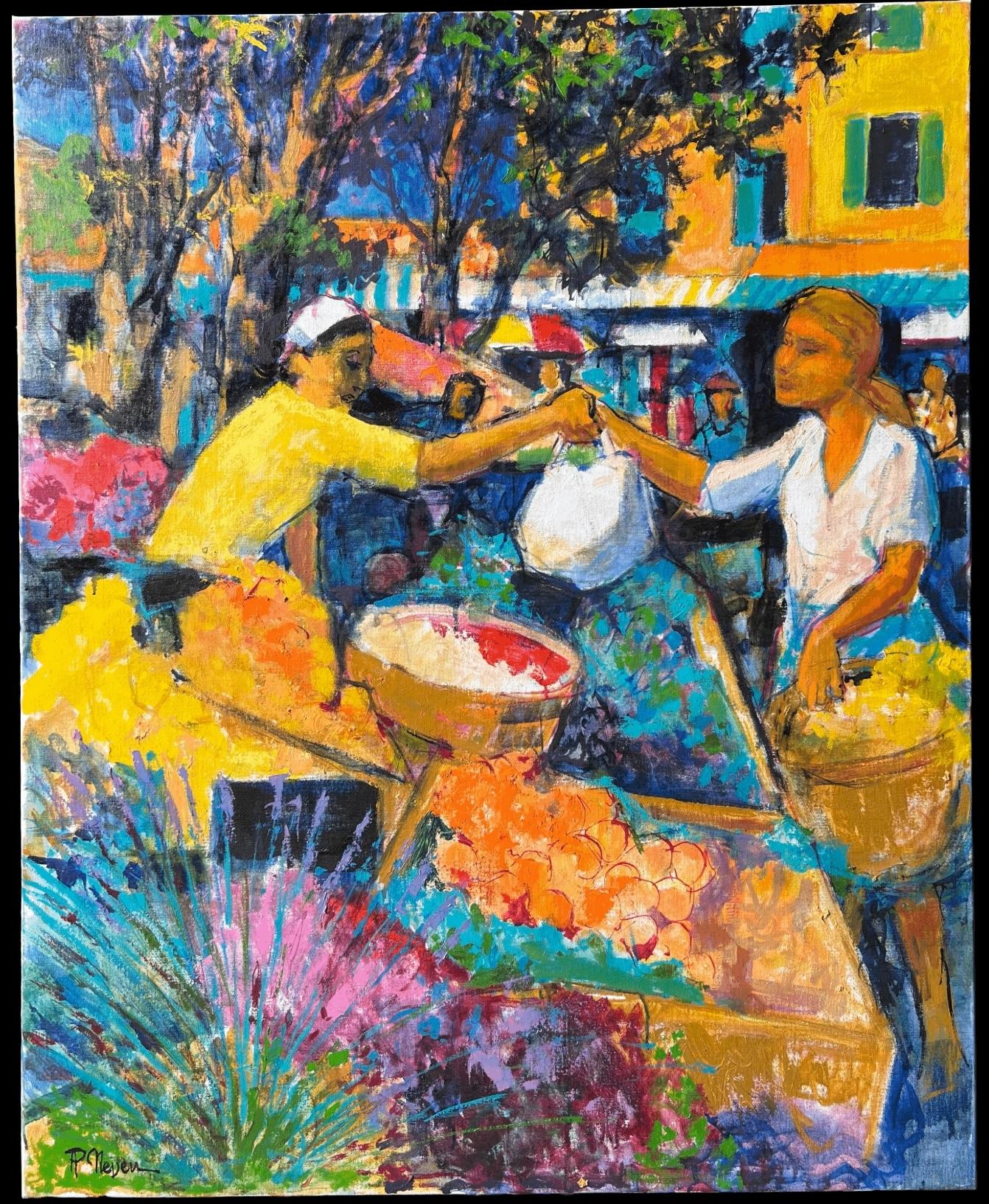 Scène de marché colorée avec des personnages échangeant des fruits sur des étals lumineux Huile française - Painting de Pierre Neveu