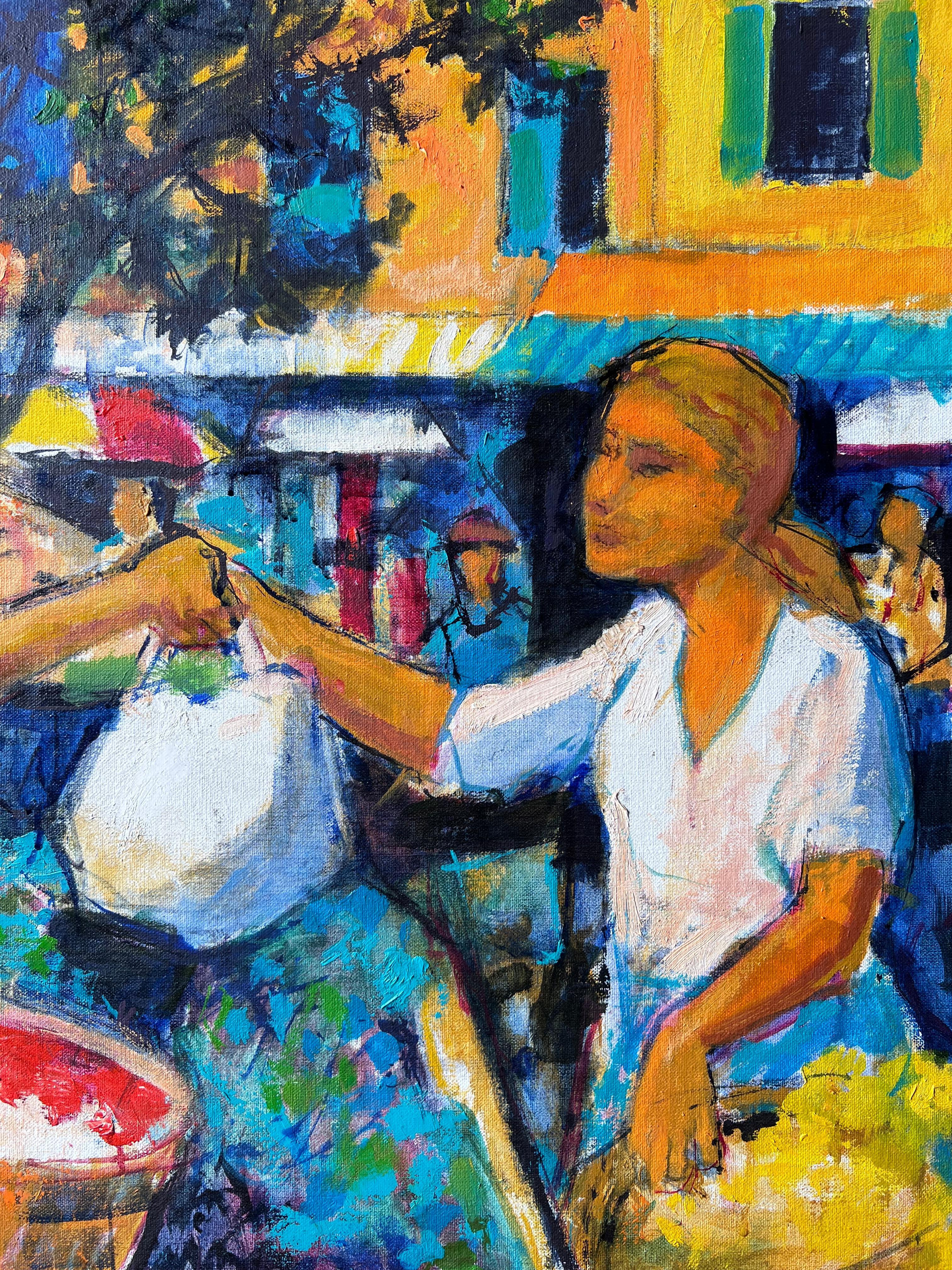 Scène de marché colorée avec des personnages échangeant des fruits sur des étals lumineux Huile française - Post-impressionnisme Painting par Pierre Neveu