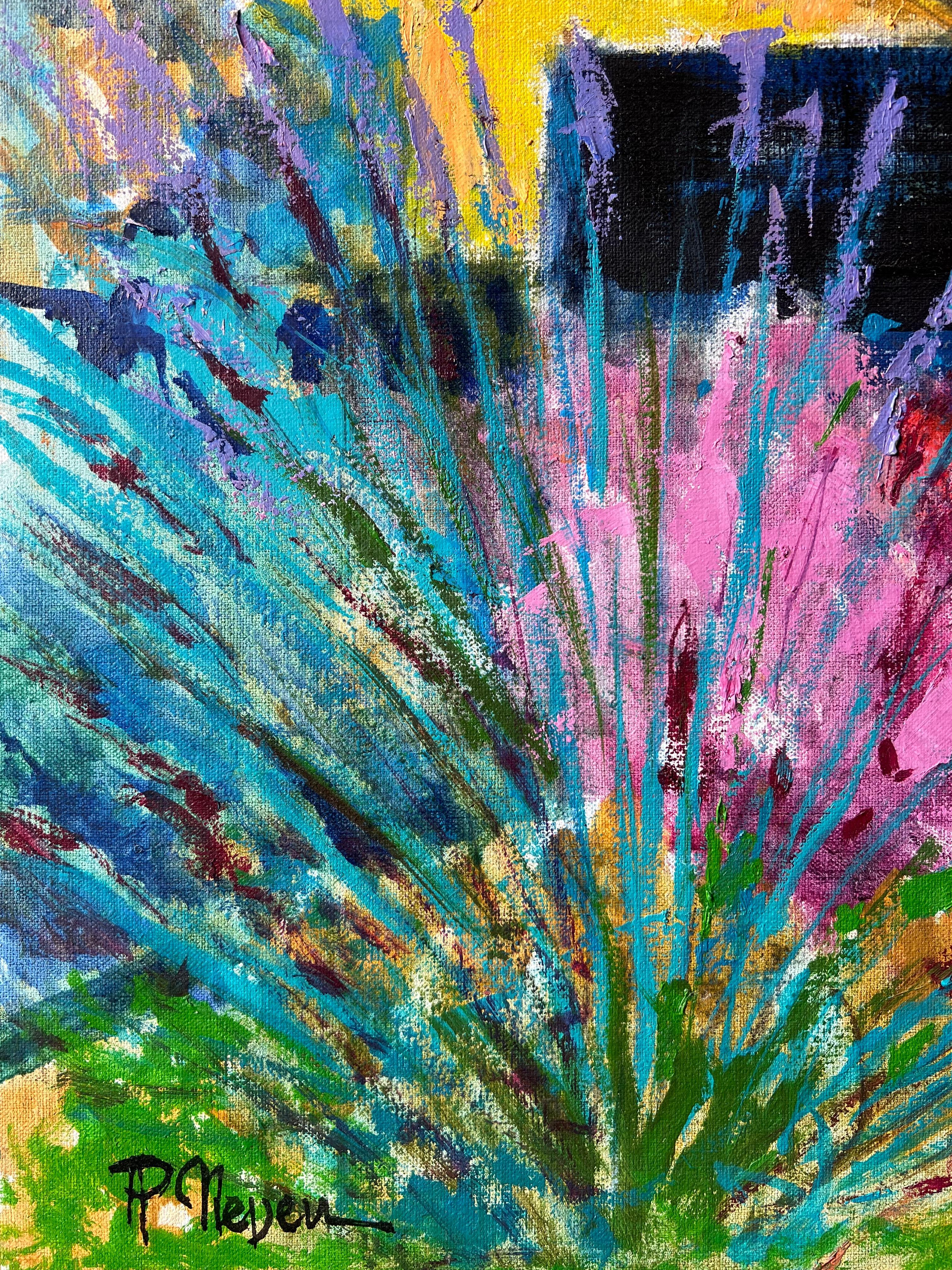 Scène de marché colorée avec des personnages échangeant des fruits sur des étals lumineux Huile française - Marron Landscape Painting par Pierre Neveu