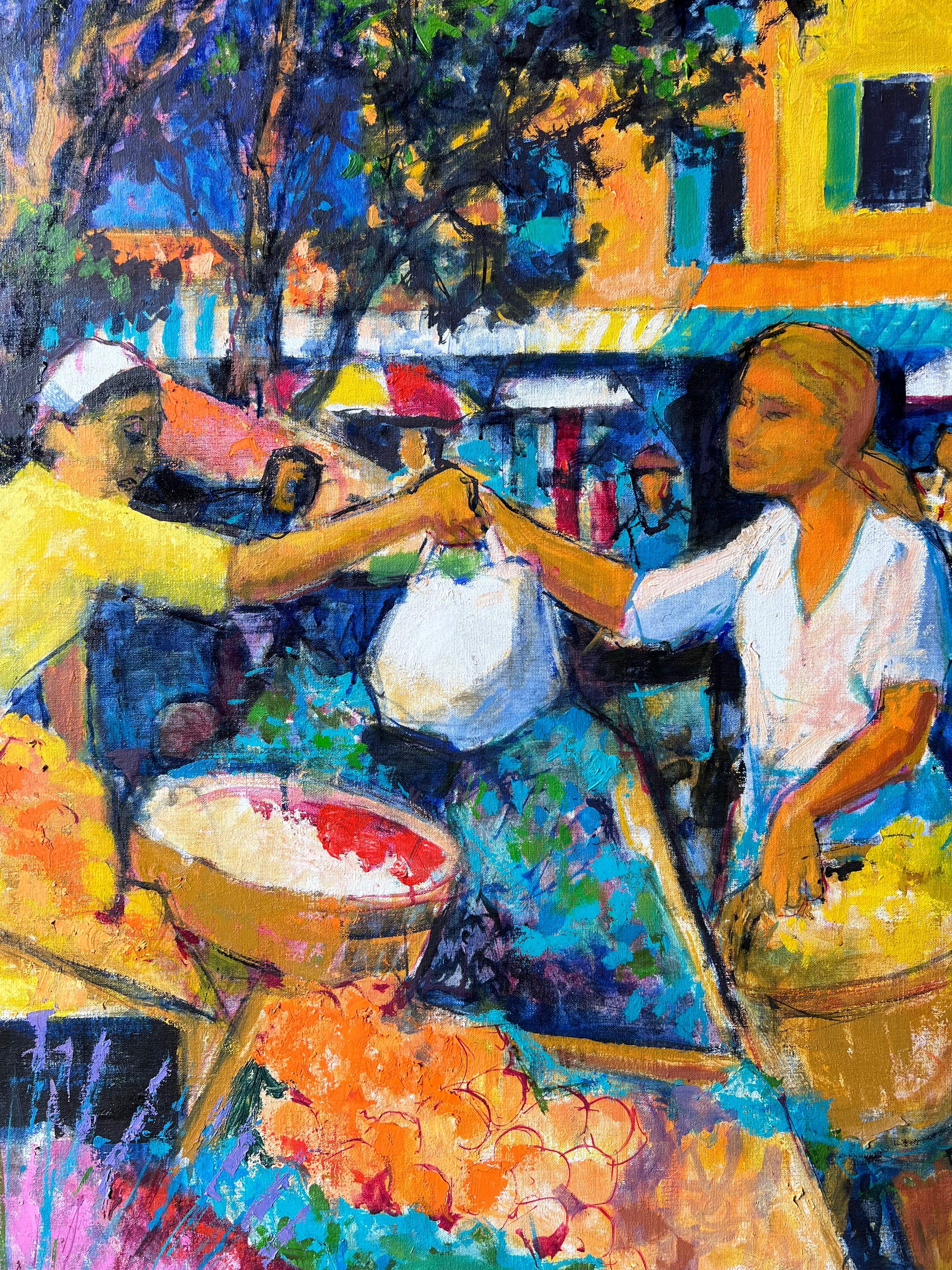 Scène de marché colorée avec des personnages échangeant des fruits sur des étals lumineux Huile française en vente 1