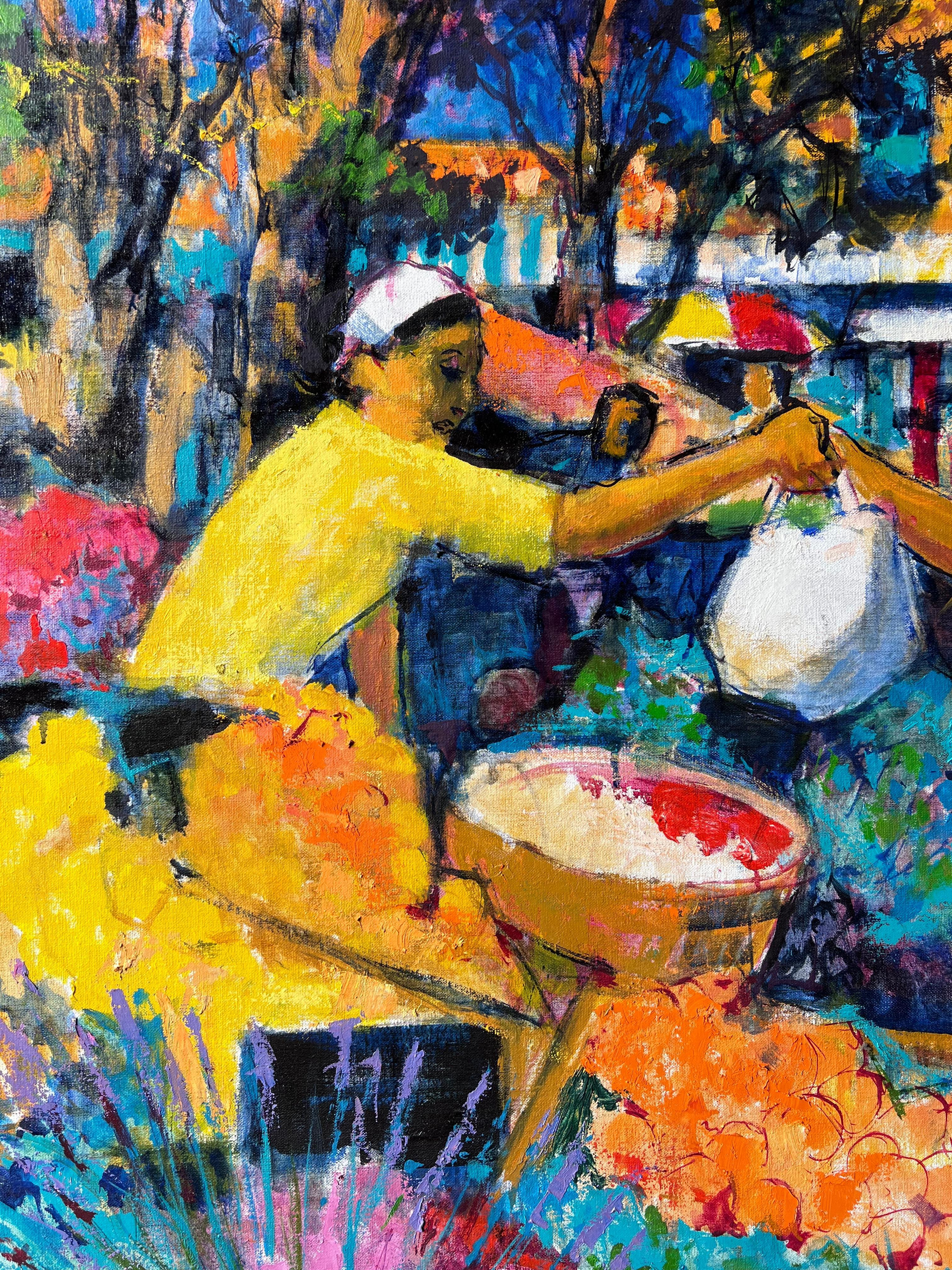 Scène de marché colorée avec des personnages échangeant des fruits sur des étals lumineux Huile française en vente 2