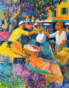 Colorful Market Scene With Figures Exchanging Fruit In Bright Stalls French Oil