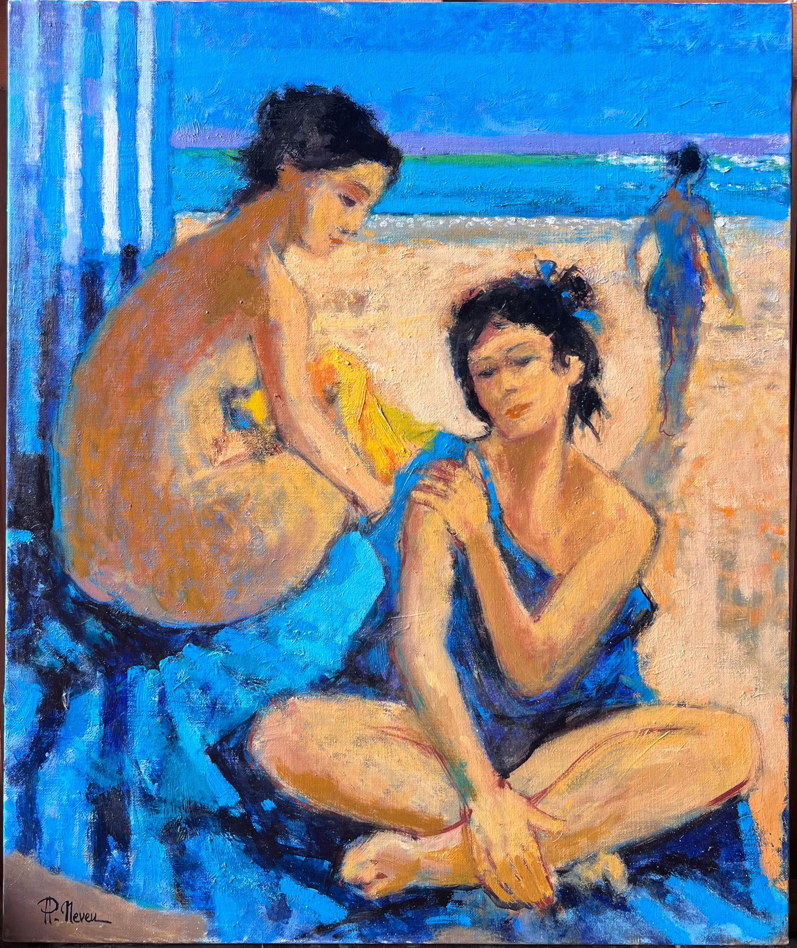 Contemporary French Oil Painting Ladies on the Beach Modernist Work - Blue Nude Painting by Pierre Neveu