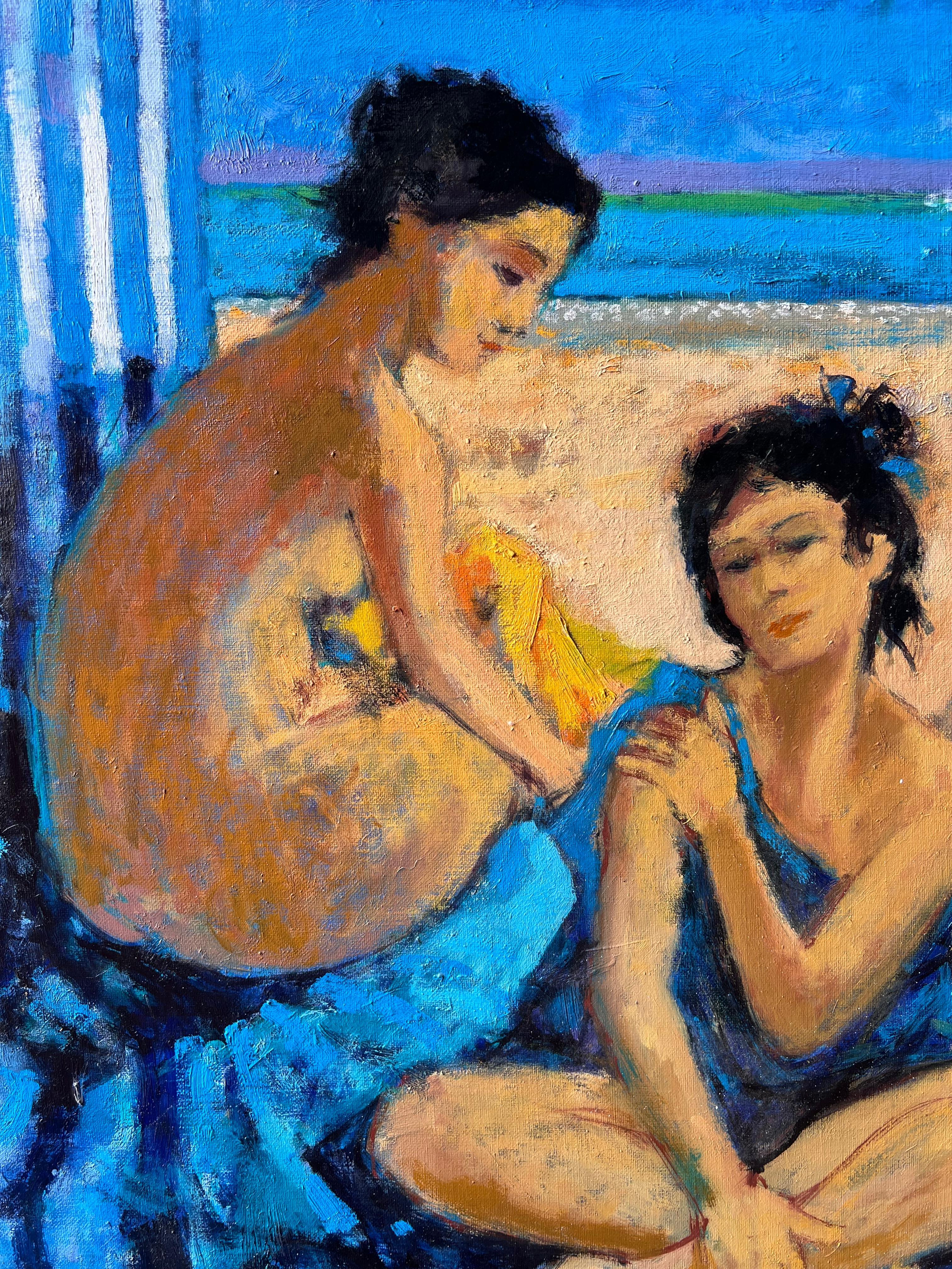 Contemporary French Oil Painting Ladies on the Beach Modernist Work For Sale 1
