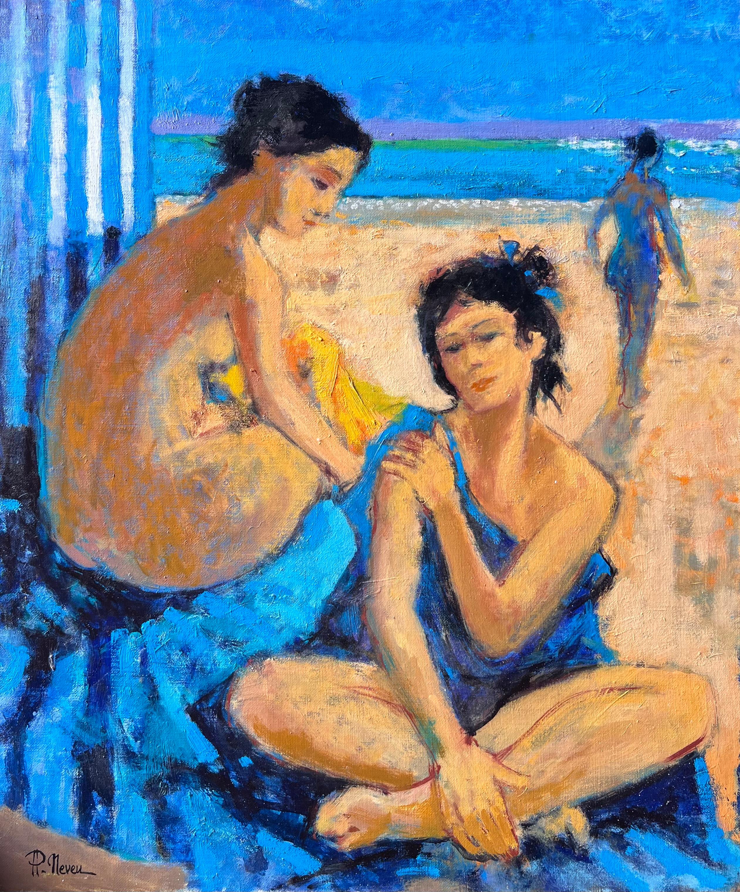 Pittura a olio francese contemporanea Donne sulla spiaggia Opera modernista