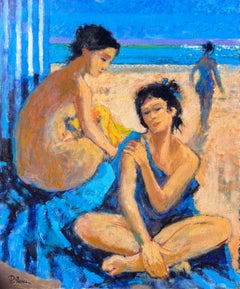 Pittura a olio francese contemporanea Donne sulla spiaggia Opera modernista