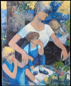 Familienpicknick mit Kindern, die unter einem sonnenbeschienenen Baum Obst essen Französisches Ölgemälde