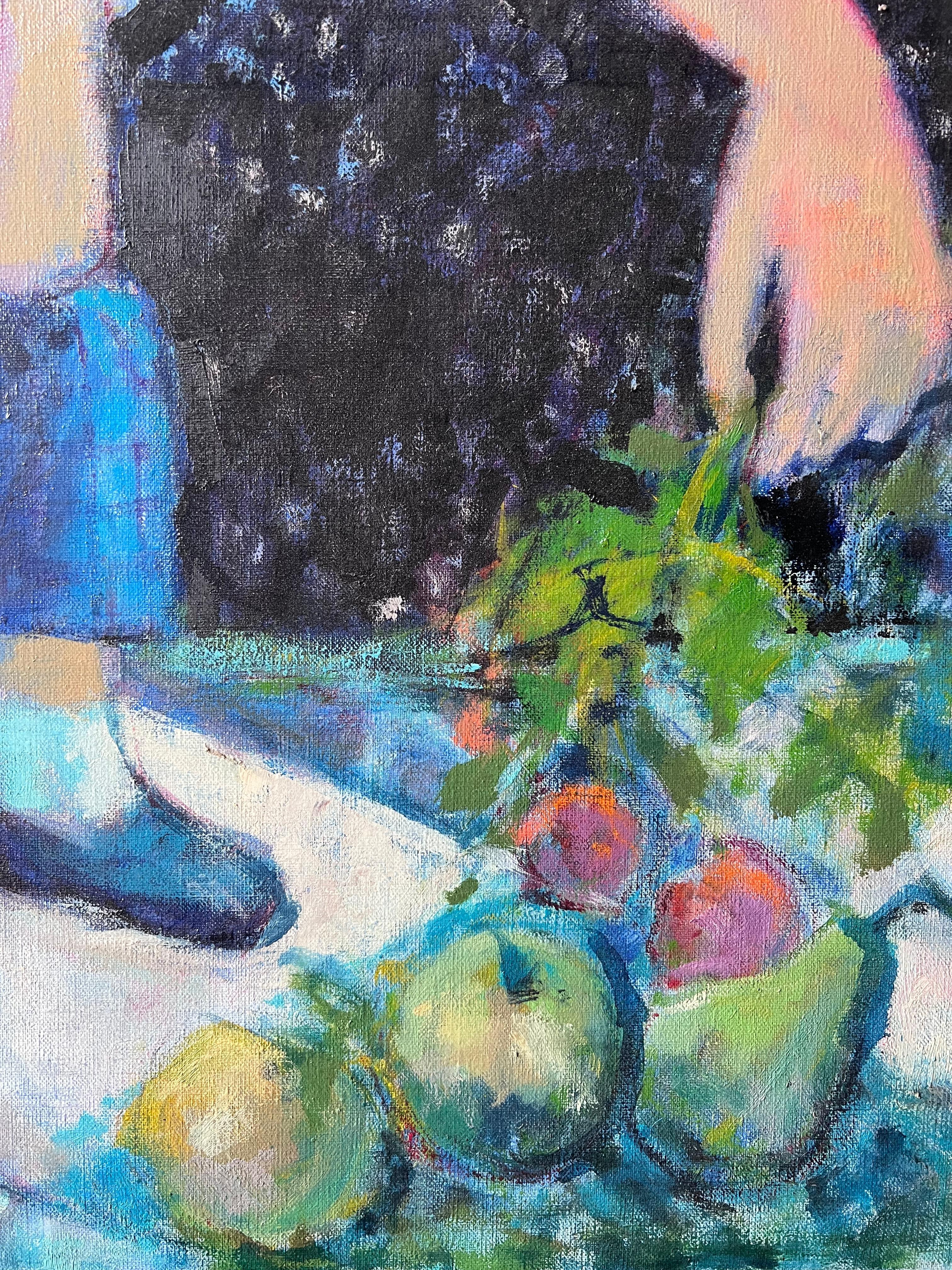 Familienpicknick mit Kindern, die unter einem sonnenbeschienenen Baum Obst essen Französisches Ölgemälde (Post-Impressionismus), Painting, von Pierre Neveu