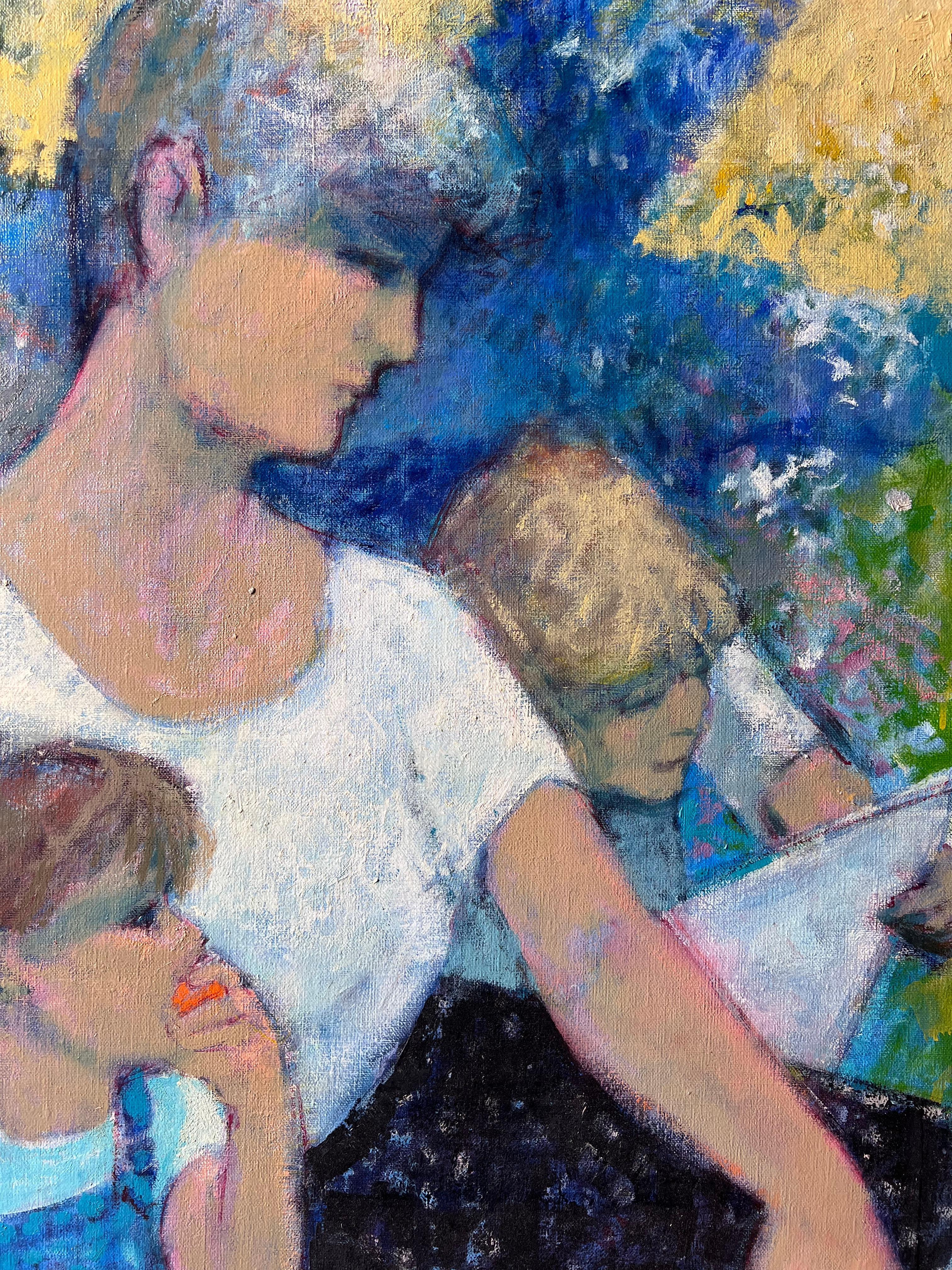 Familienpicknick mit Kindern, die unter einem sonnenbeschienenen Baum Obst essen Französisches Ölgemälde (Grau), Landscape Painting, von Pierre Neveu