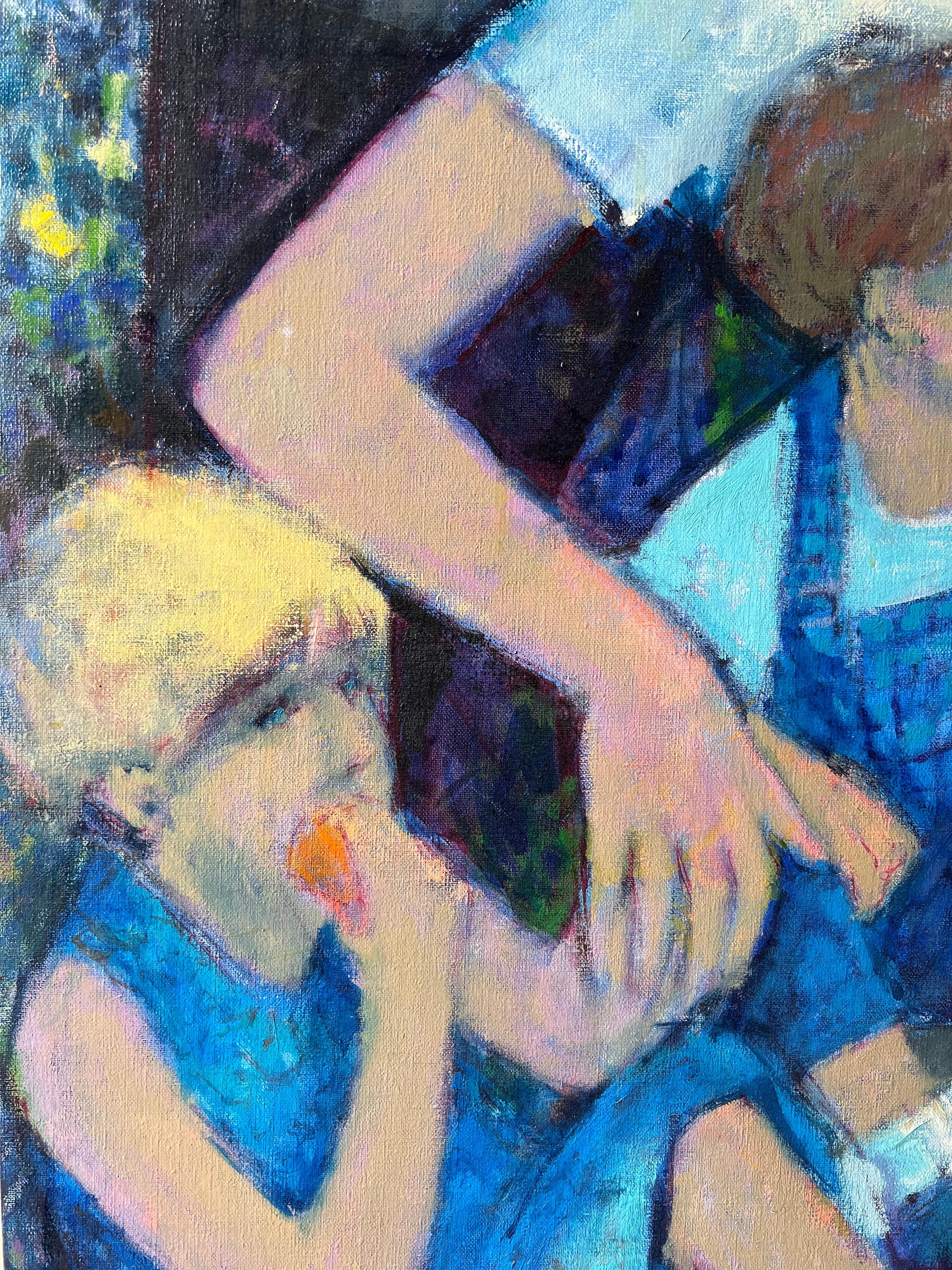Familienpicknick 
Künstler: Pierre Neveu (Franzose, geb. 1929)
signiert unten rechts
Medium: Öl auf Leinwand, ungerahmt
Leinwand: 39,5 x 39,5 Zoll
Zustand: Guter und gesunder Zustand
Verso signiert und beschriftet
Provenienz: Aus dem Atelierverkauf