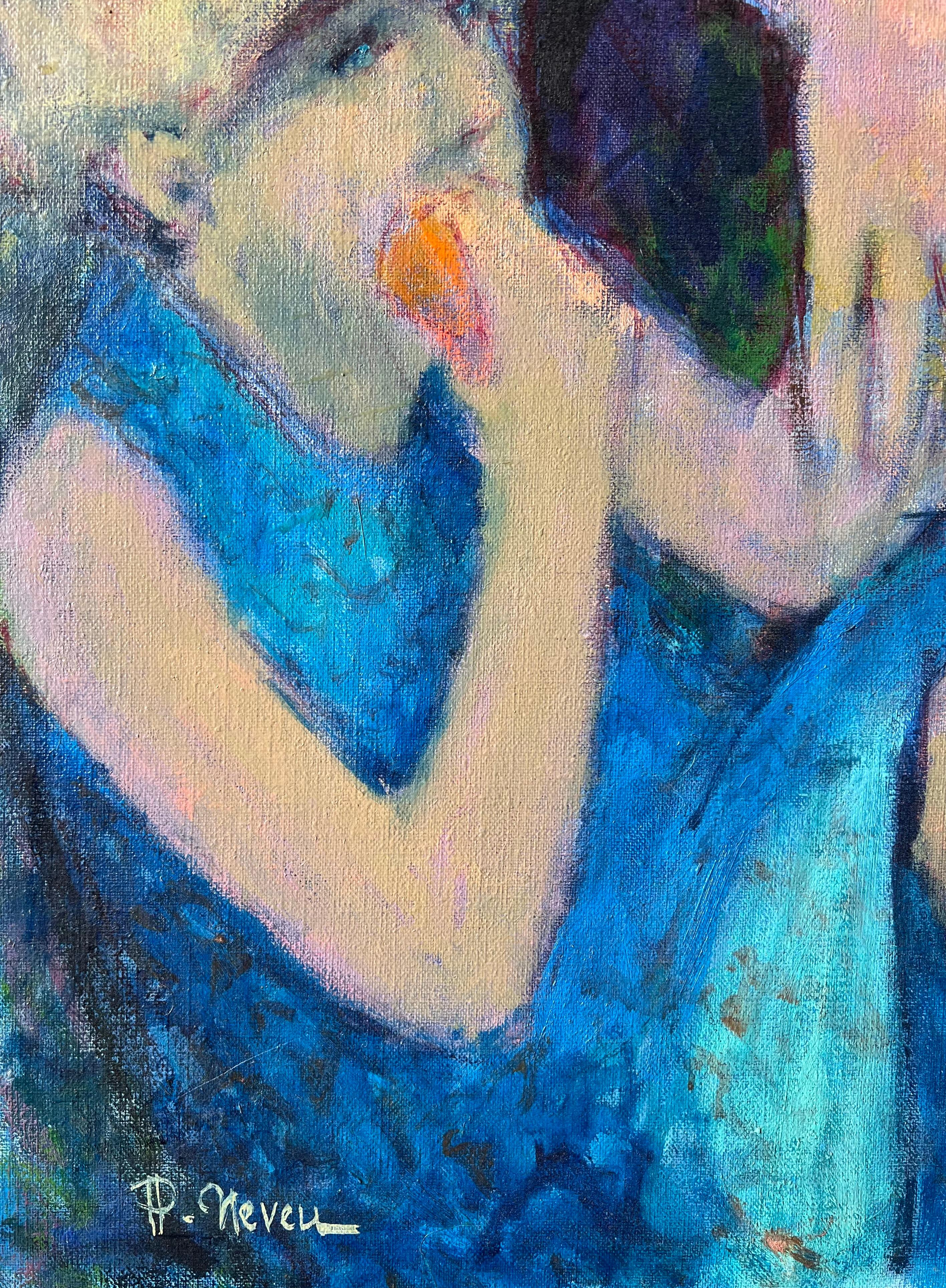 Familienpicknick mit Kindern, die unter einem sonnenbeschienenen Baum Obst essen Französisches Ölgemälde im Angebot 2