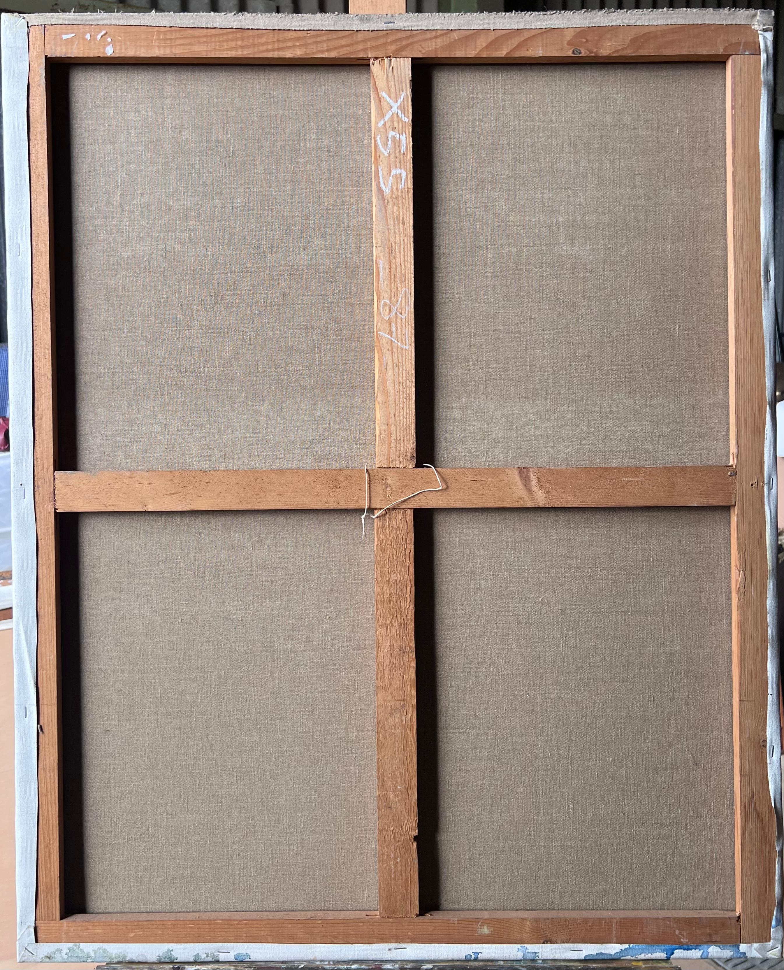 Familienpicknick mit Kindern, die unter einem sonnenbeschienenen Baum Obst essen Französisches Ölgemälde im Angebot 3