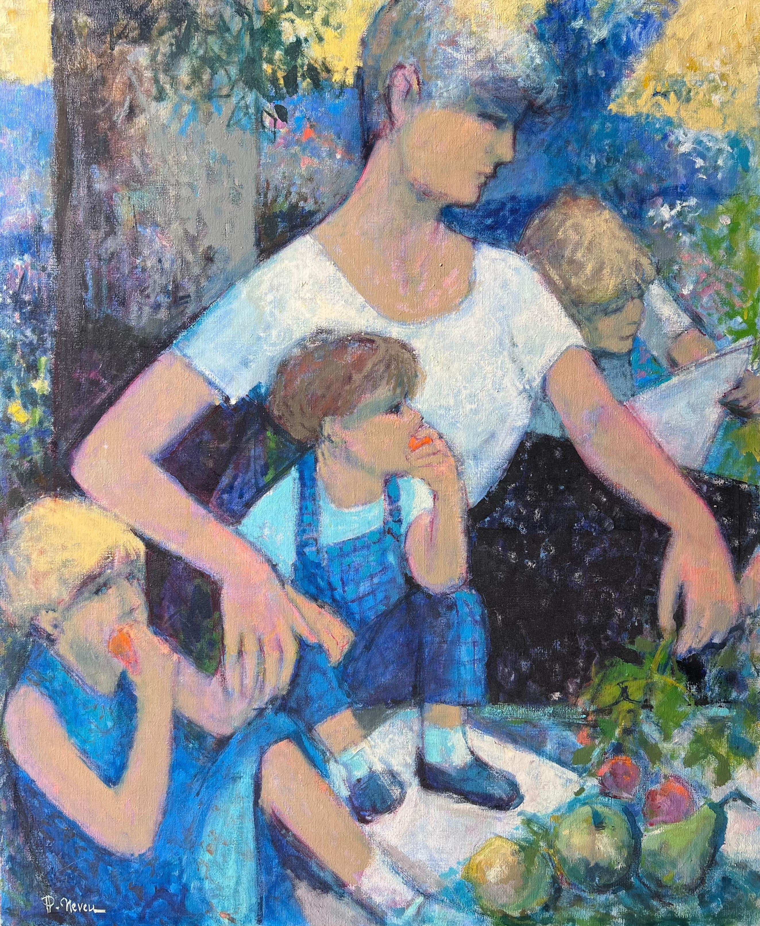 Family Picnic With Children Eating Fruit Beneath Sunlit Tree French Oil Painting