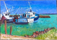 Fishing Boats in Harbour In Bright Green Sea Coast French Oil Painting