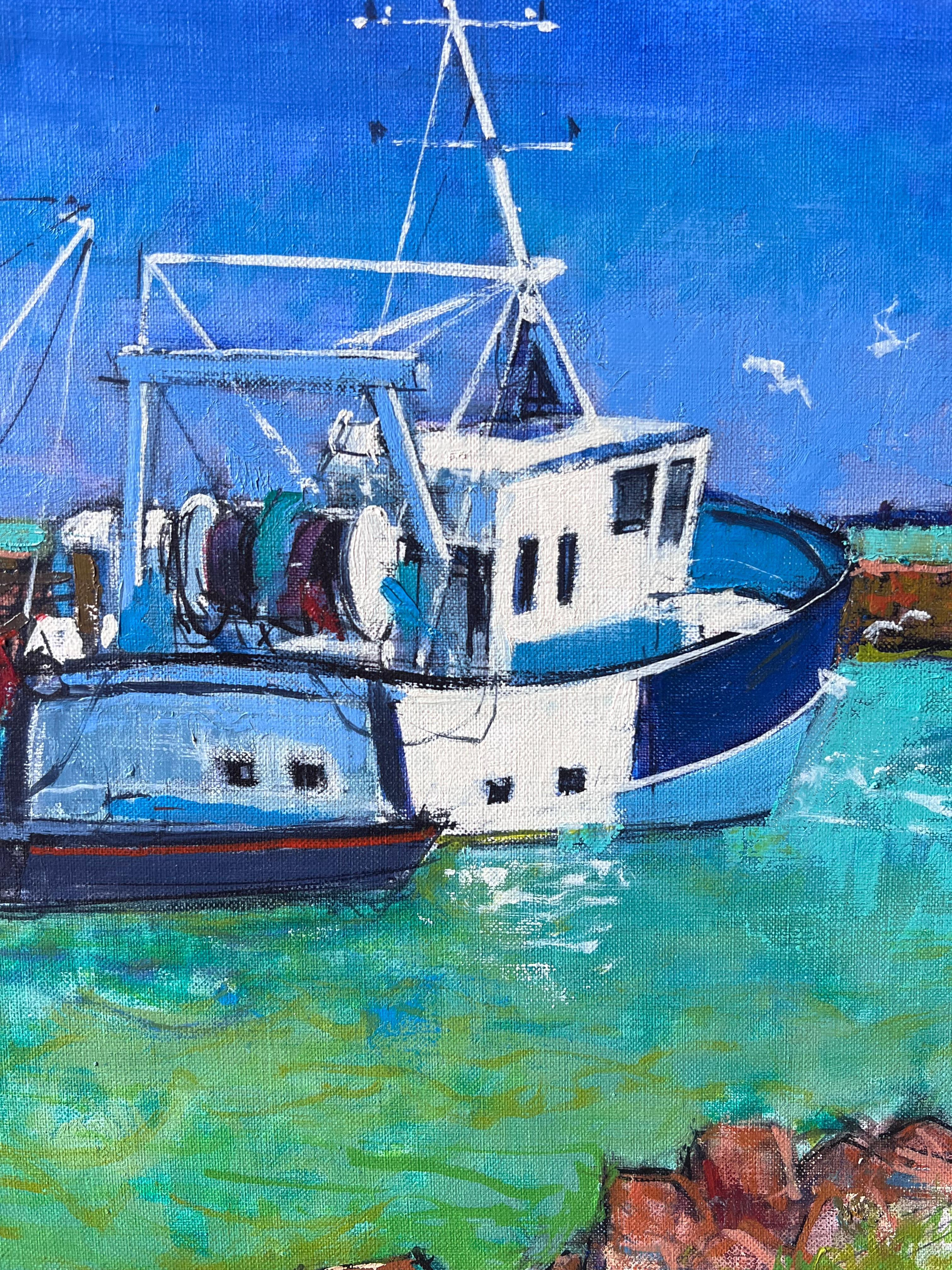 Bateaux de pêche dans le port dans la mer verte lumineuse Côte peinture à l'huile française - Post-impressionnisme Painting par Pierre Neveu