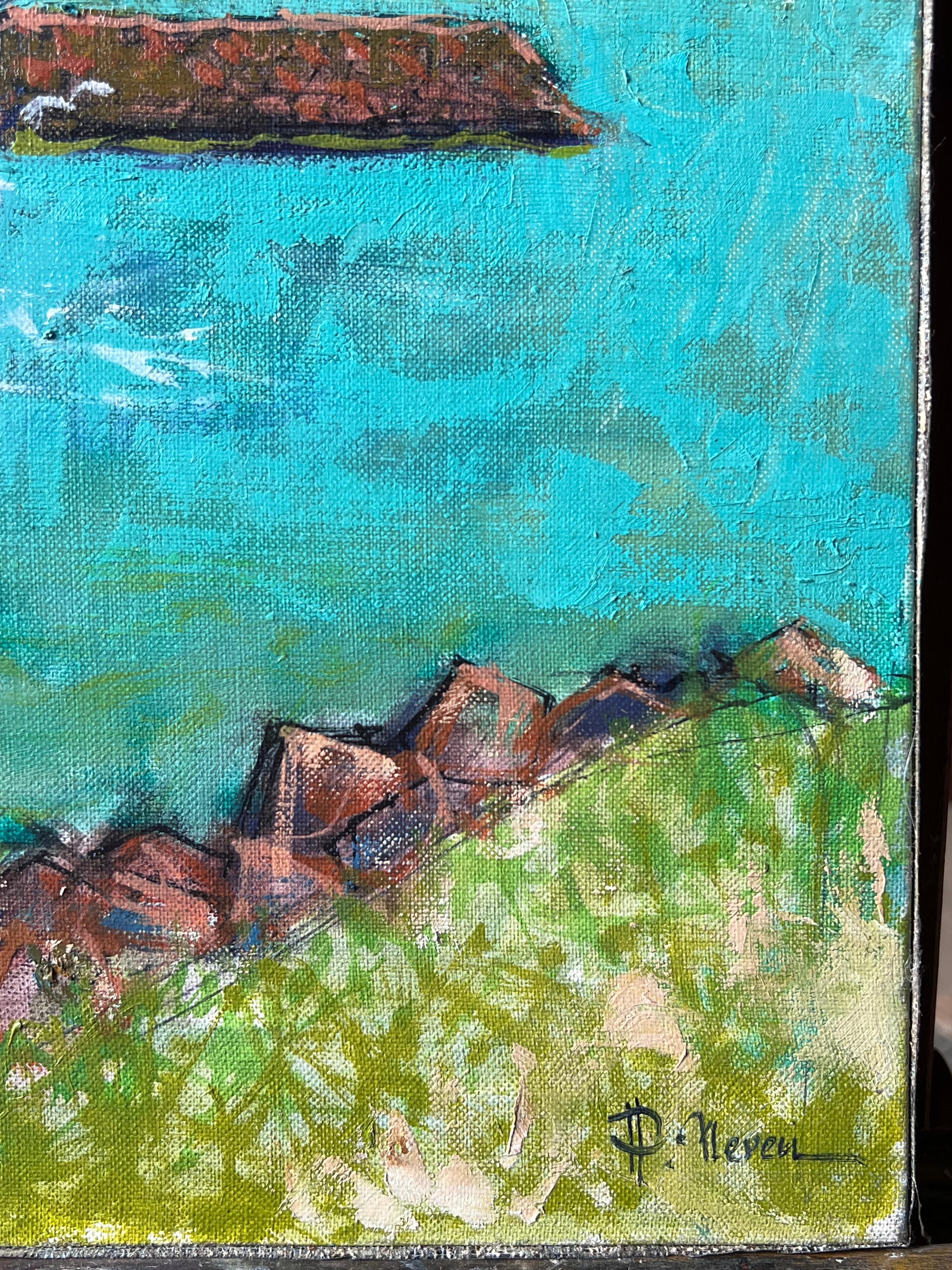 Bateaux de pêche dans le port dans la mer verte lumineuse Côte peinture à l'huile française en vente 1