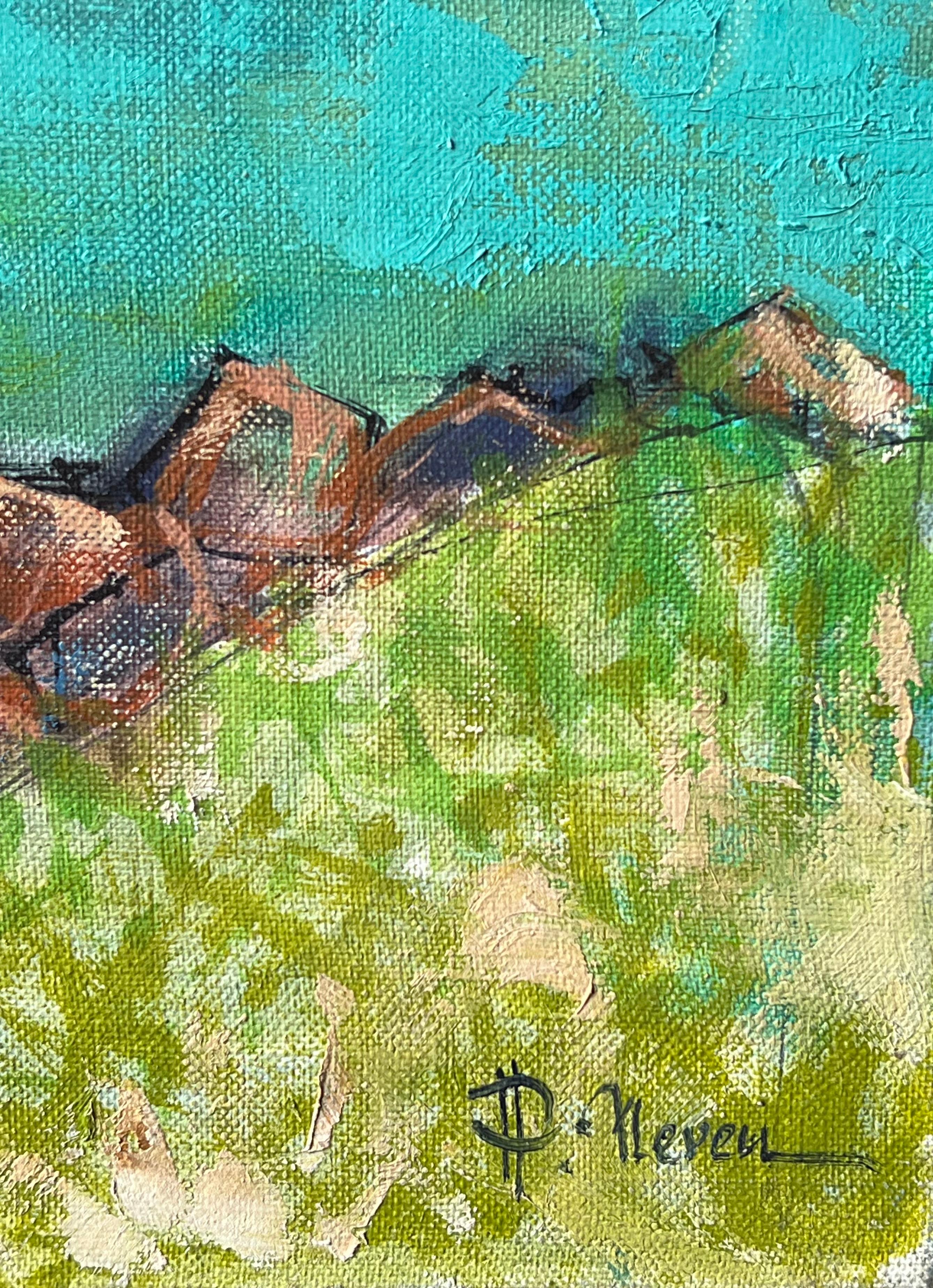 Bateaux de pêche dans le port dans la mer verte lumineuse Côte peinture à l'huile française en vente 2