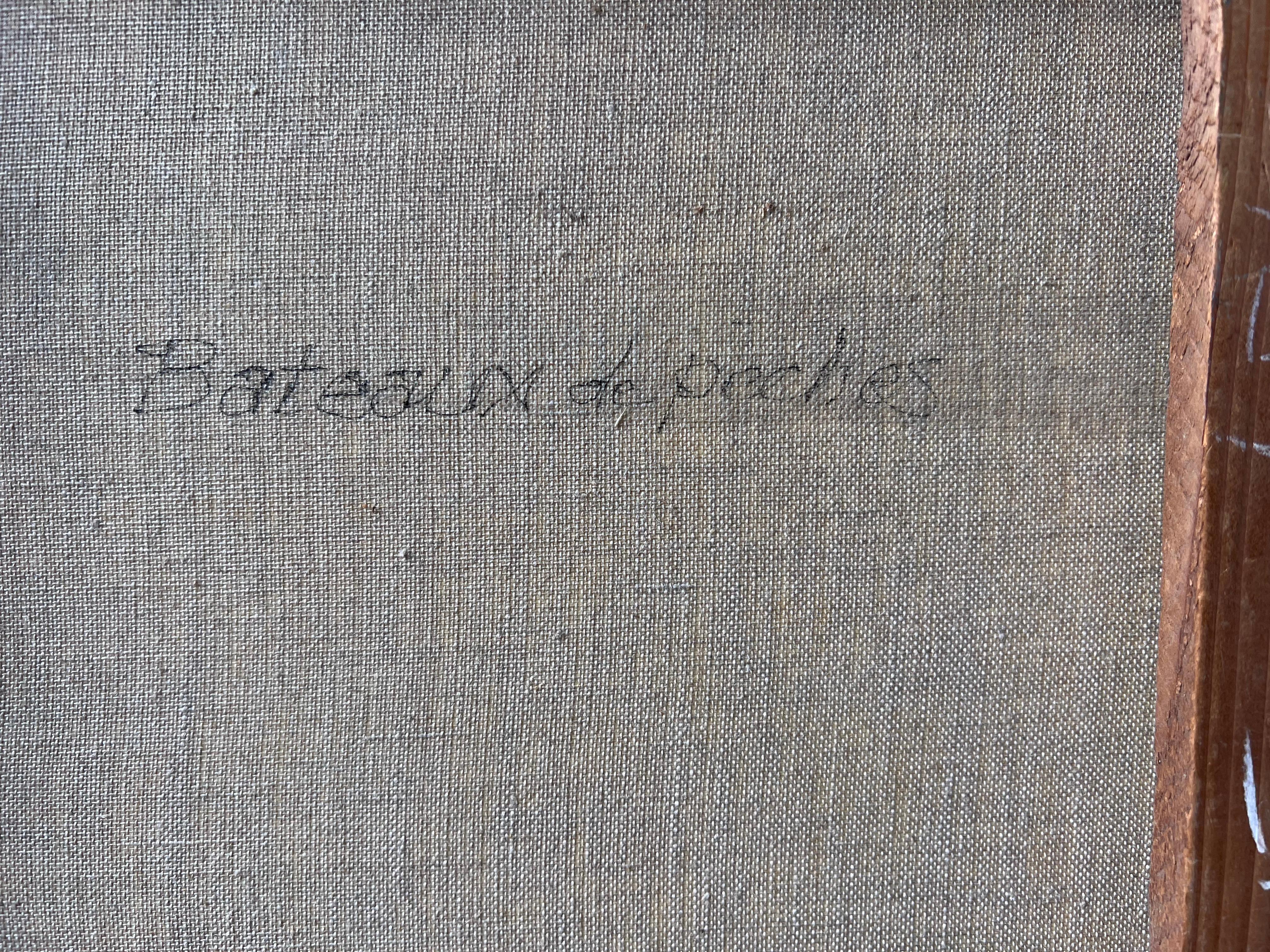 Bateaux de pêche dans le port dans la mer verte lumineuse Côte peinture à l'huile française en vente 3
