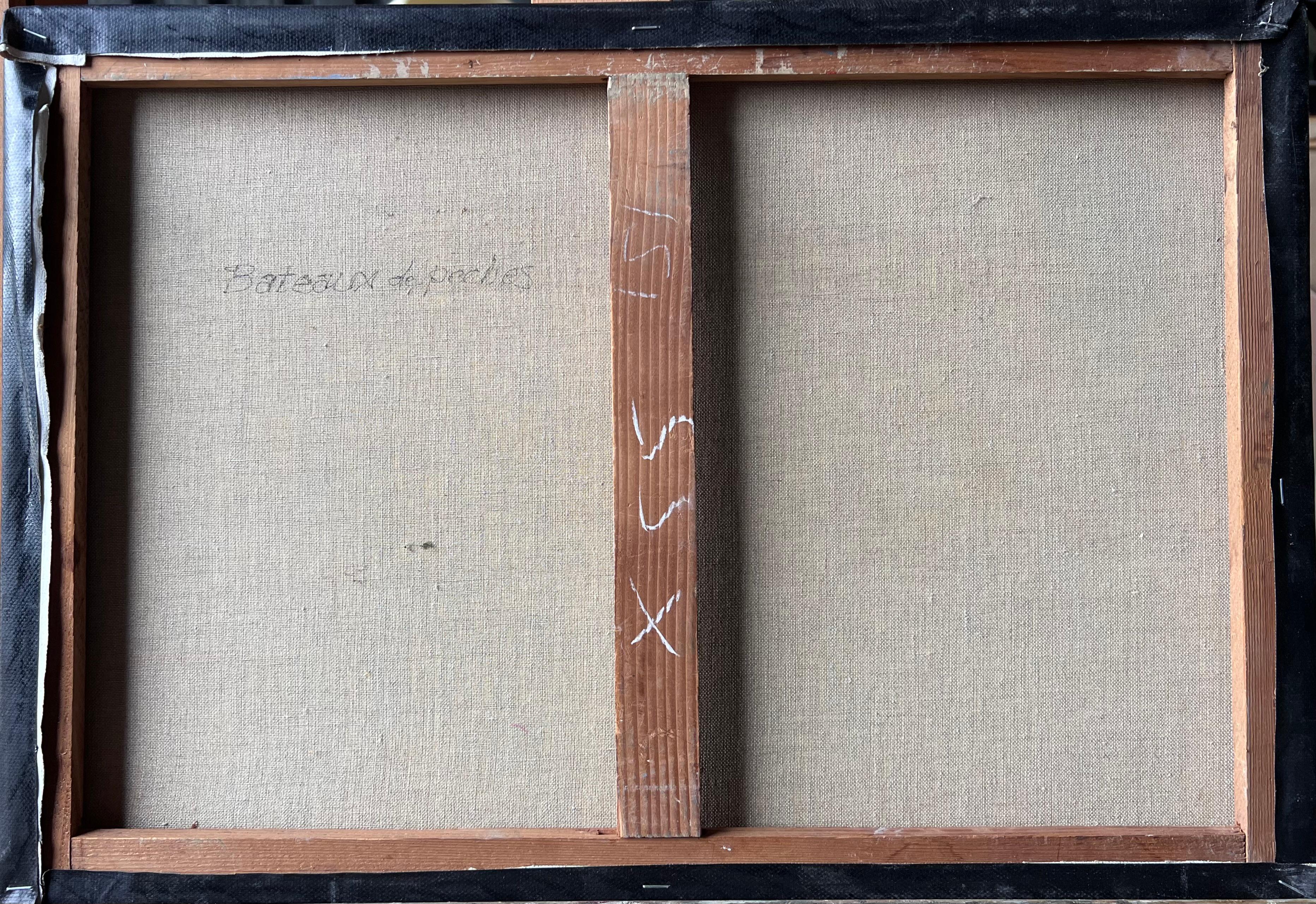 Bateaux de pêche dans le port dans la mer verte lumineuse Côte peinture à l'huile française en vente 4