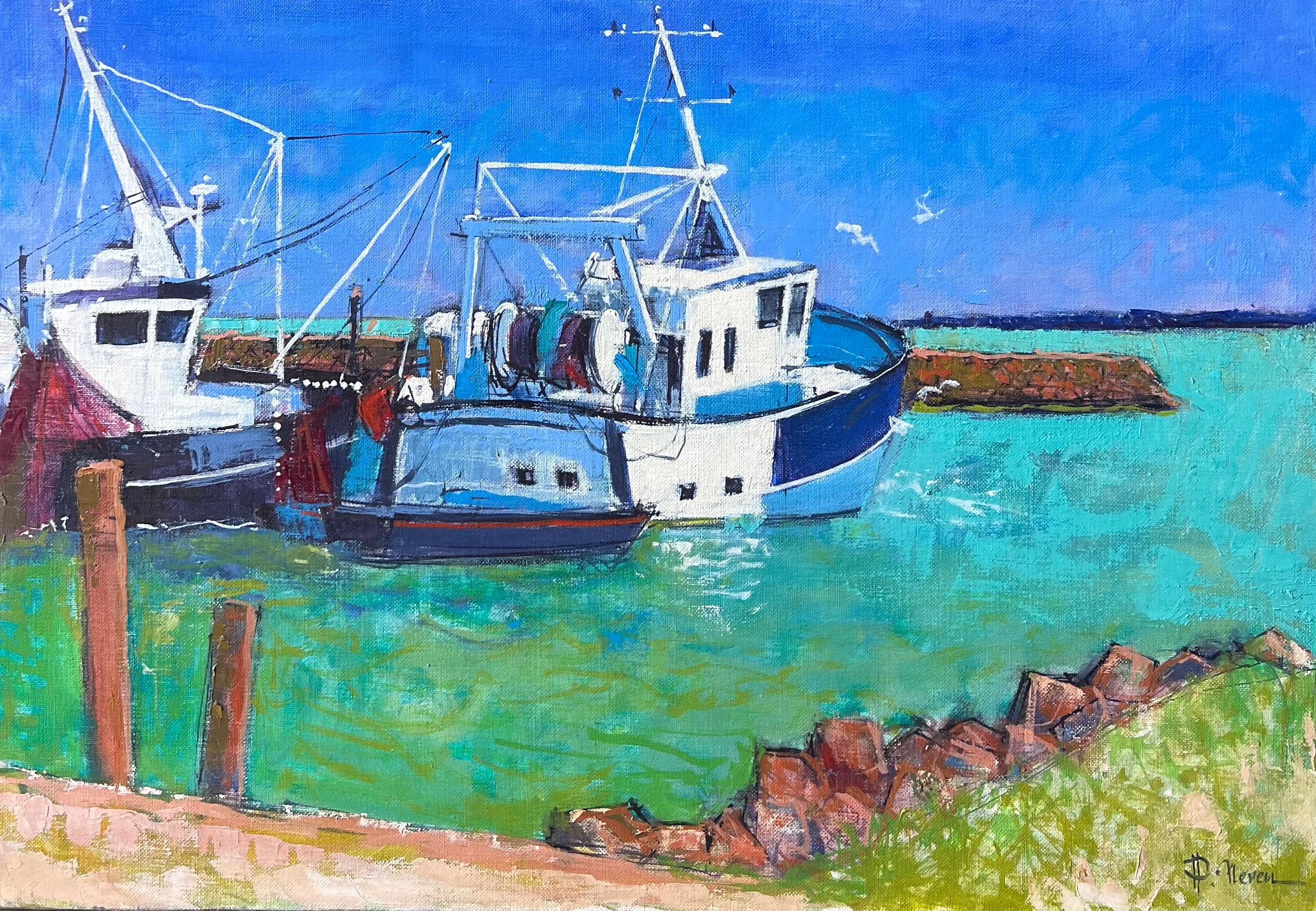 Landscape Painting Pierre Neveu - Bateaux de pêche dans le port dans la mer verte lumineuse Côte peinture à l
huile française