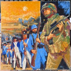 French Original Oil Painting of Soldiers and Military Figures in Uniform