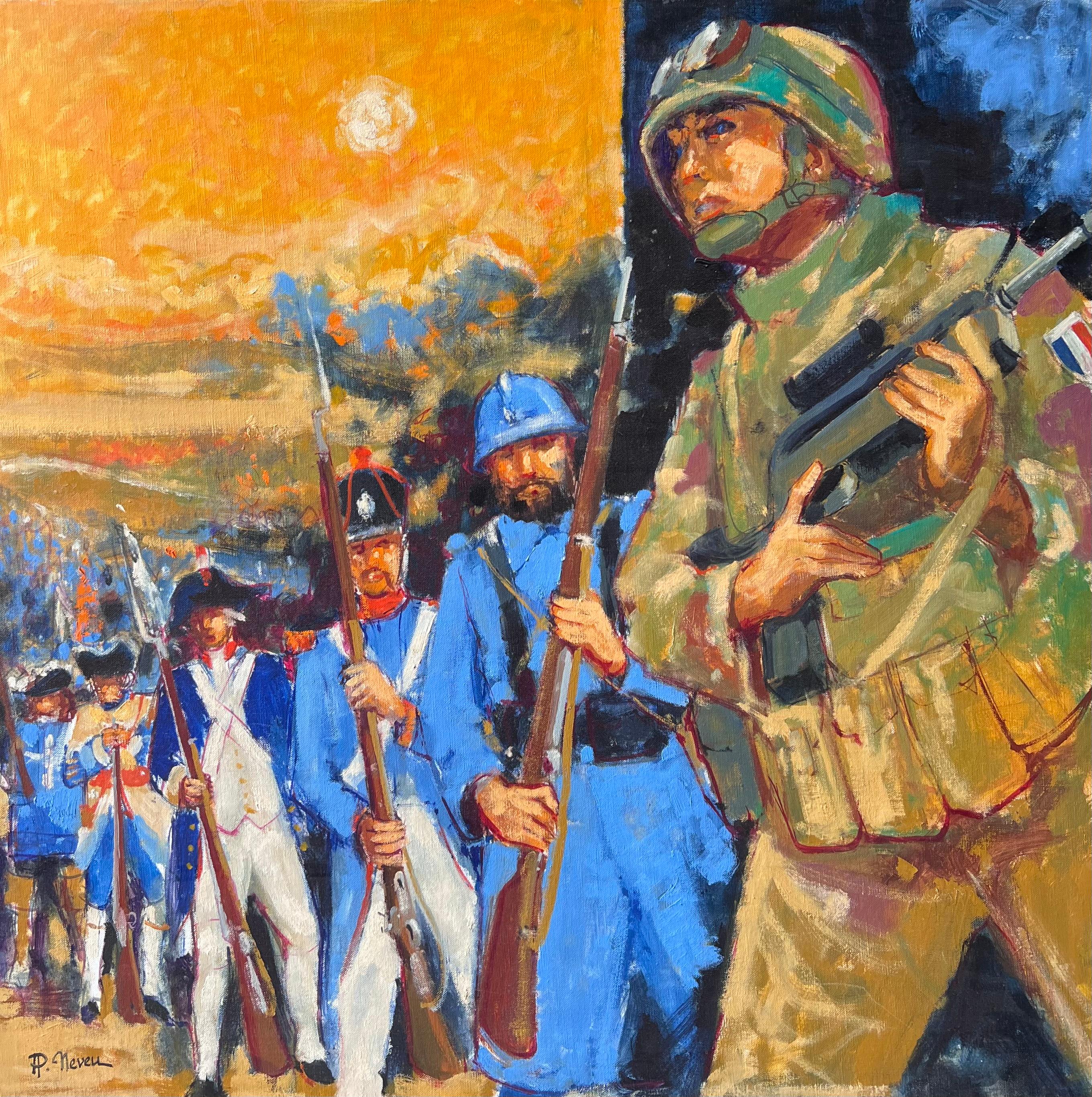 Pierre Neveu Landscape Painting - French Original Oil Painting of Soldiers and Military Figures in Uniform