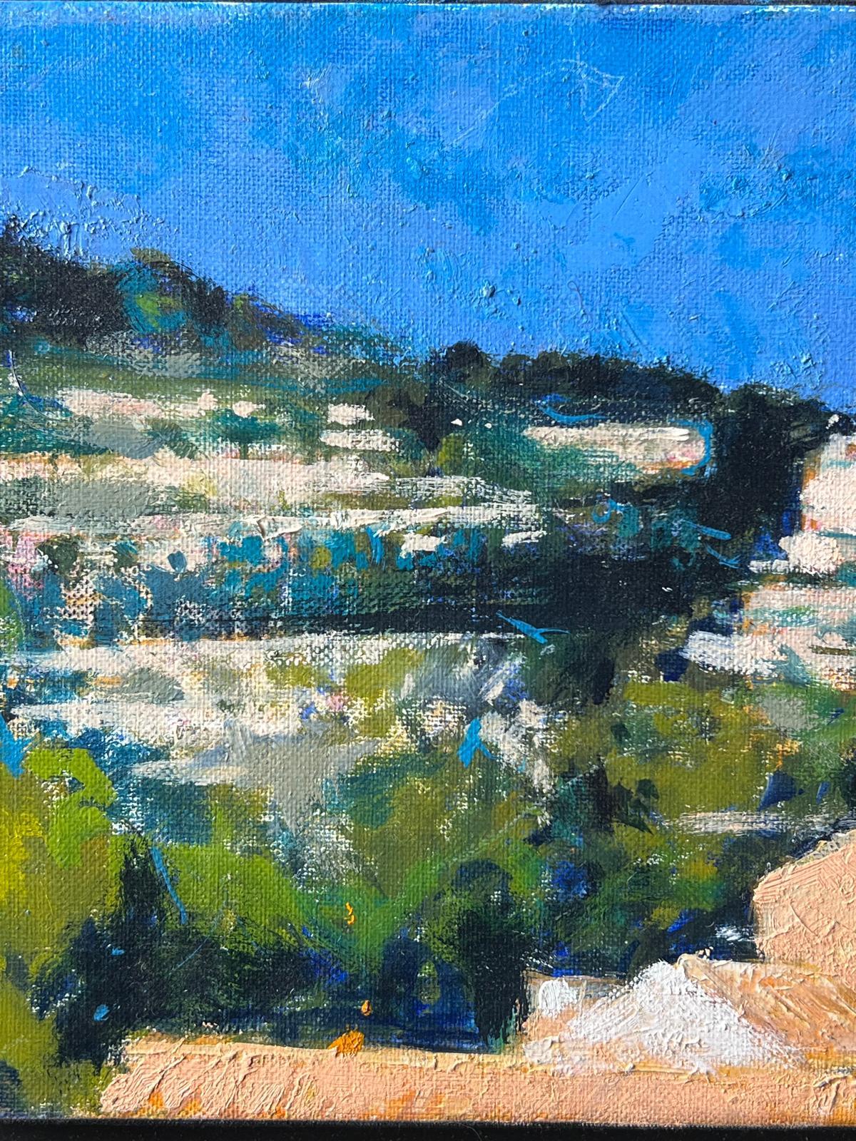 Französisch Post Impressionist Ölgemälde Balazuc Südfrankreich Townes Landschaft (Blau), Landscape Painting, von Pierre Neveu