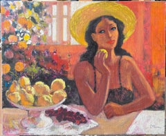 French Post Impressionist Oil Painting Lady with Hat Eating Fruit at Table