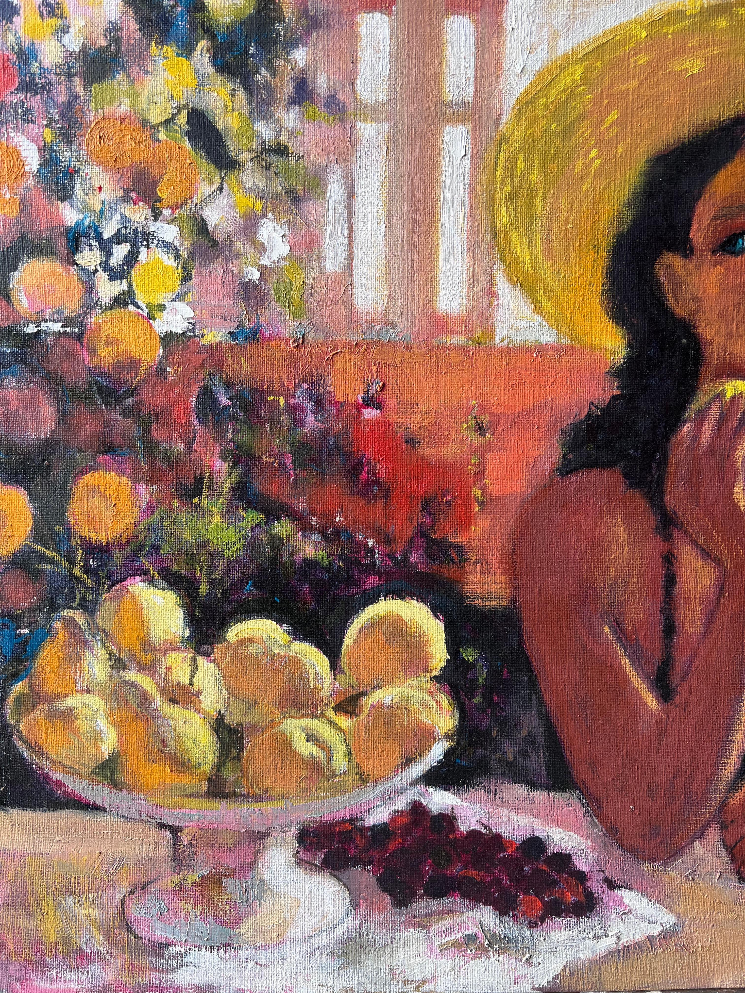 Französisches postimpressionistisches Ölgemälde Dame mit Hut isst Obst am Tisch (Post-Impressionismus), Painting, von Pierre Neveu