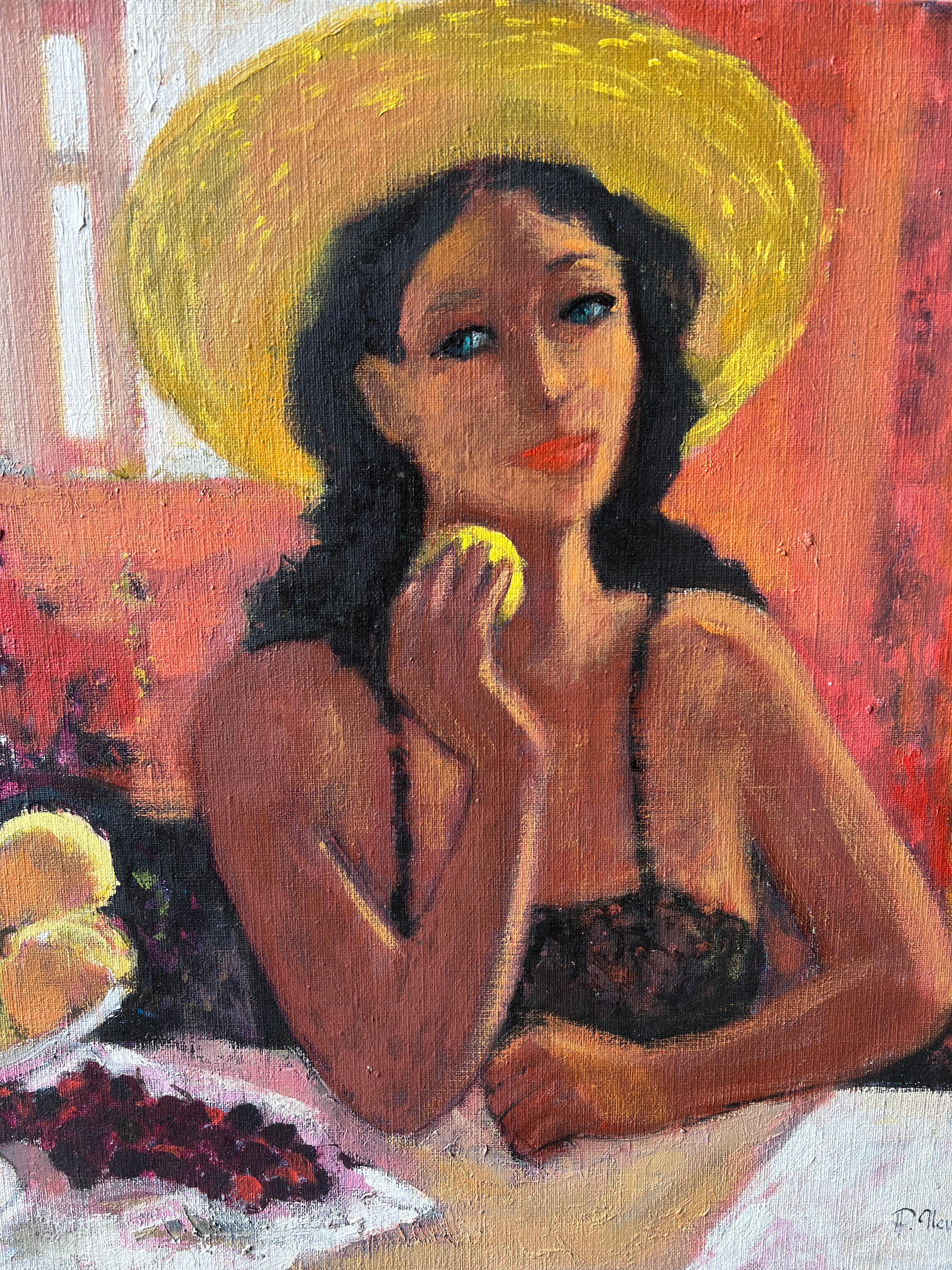 Französisches postimpressionistisches Ölgemälde Dame mit Hut isst Obst am Tisch (Braun), Interior Painting, von Pierre Neveu